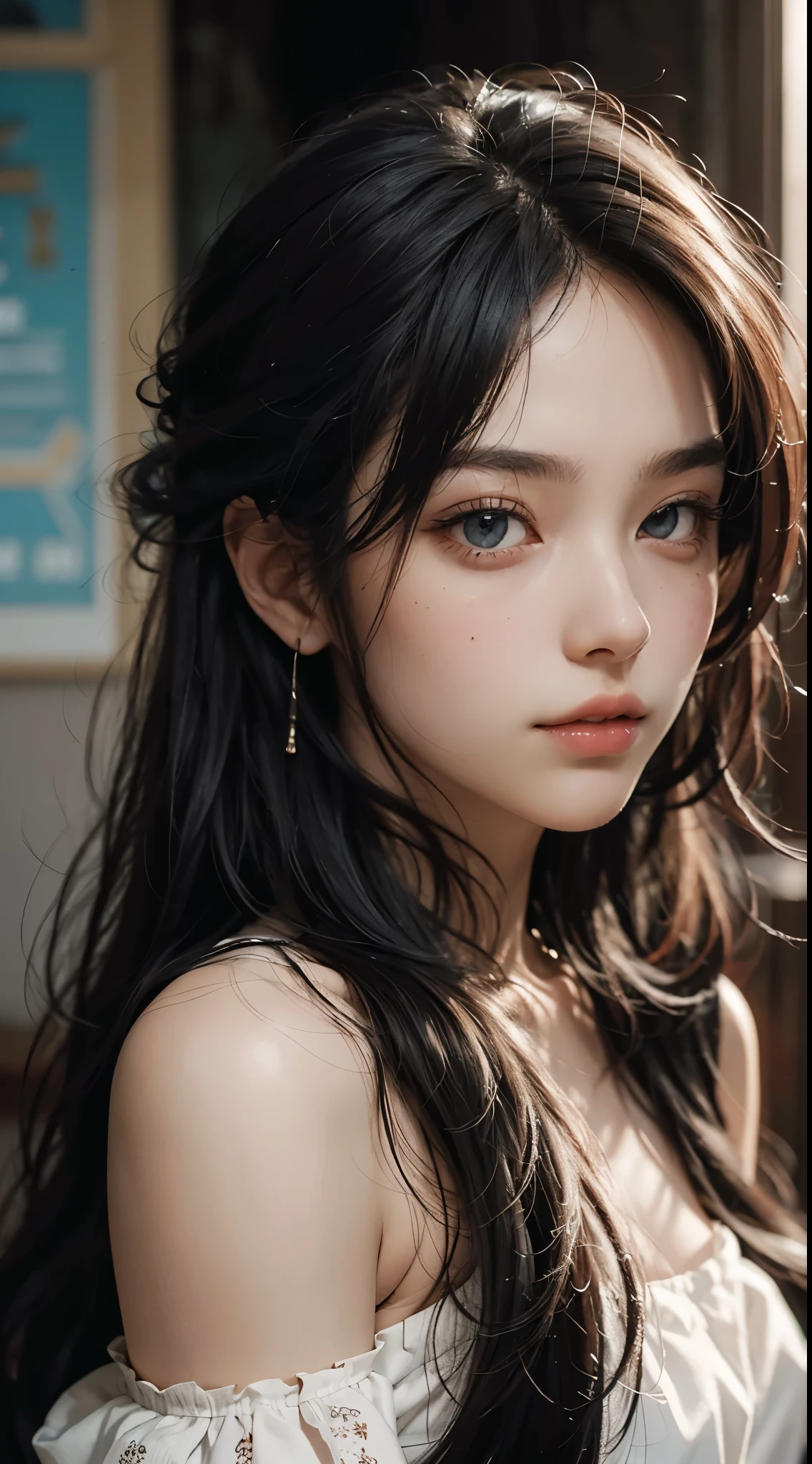 Best Quality, masutepiece, 超A high resolution, (Photorealistic:1.4), Raw photo, 1girl in, off shoulders, long pony hair, Indoor, Summer noon,Detailed eyes,(realisticeyes),delicated face,realskin,detailed hairs,Detailed skin,Beautiful face,fully body photo、