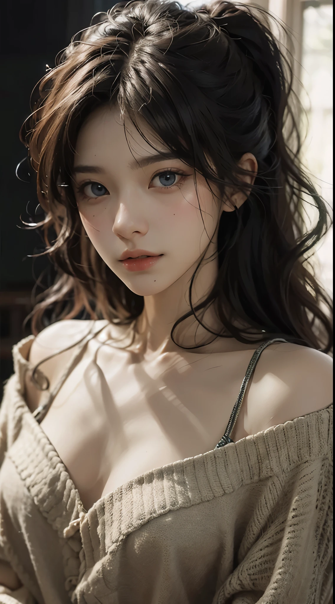 Best Quality, masutepiece, 超A high resolution, (Photorealistic:1.4), Raw photo, 1girl in, off shoulders, long pony hair, Indoor, Summer noon,Detailed eyes,(realisticeyes),delicated face,realskin,detailed hairs,Detailed skin,Beautiful face,