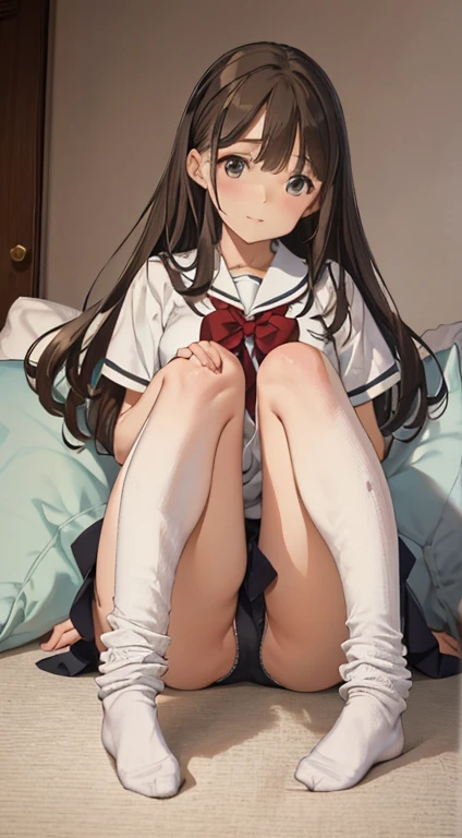 Masterpiece Top Quality High Resolution、Anna Tanaka , Long hair, Sit with your knees bent、Eight-headed body、beauty legs 、in a school、As if looking up from below、Ashamed