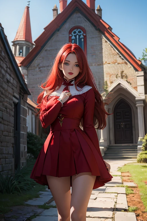 (top-quality、8K)、Woman with straight long hair and red lipstick, ekaterina, 16 year woman,Bright red hair、Medieval red color dress、perfect beautiful body、Perfect beautiful face、In the old church yard、