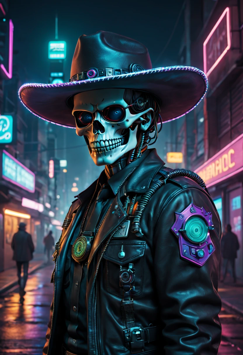 (Best quality,4K,8K,A high resolution,tmasterpiece:1.2),ultra - detailed,(actual,photoactual,photo-actual:1.37),cyber punk perssonage,Sheriff,skeleton head,metalictexture,cowboy hat,Cockade,Neon brim,A futuristic,vibrant with colors,EDM sharp,Dystopian cityscape,Network enhancement,glowing light eyes,jaqueta de couro,high-tech weapon,wires and cables,Retro-Future,nighttime scene,Mixed reality。