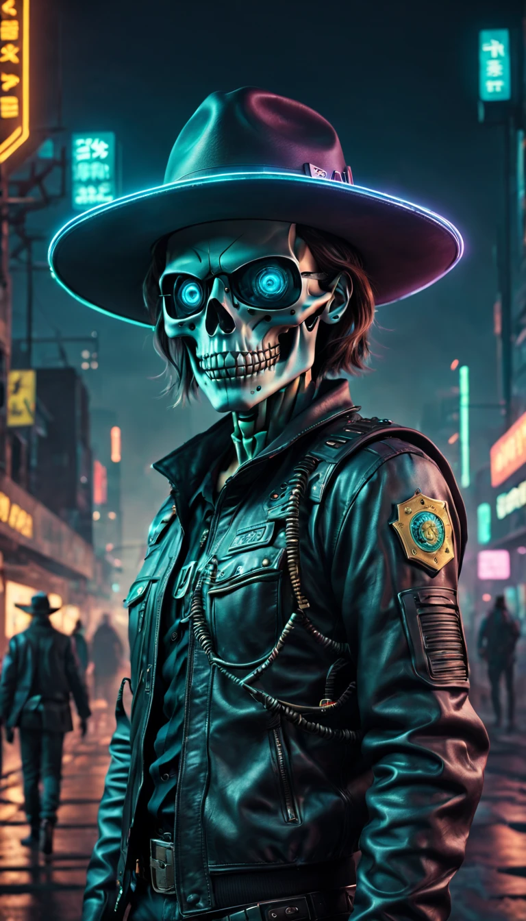 (Best quality,4K,8K,A high resolution,tmasterpiece:1.2),ultra - detailed,(actual,photoactual,photo-actual:1.37),cyber punk perssonage,Sheriff,skeleton head,metalictexture,cowboy hat,Cockade,Neon brim,A futuristic,vibrant with colors,EDM sharp,Dystopian cityscape,Network enhancement,glowing light eyes,jaqueta de couro,high-tech weapon,wires and cables,Retro-Future,nighttime scene,Mixed reality。
