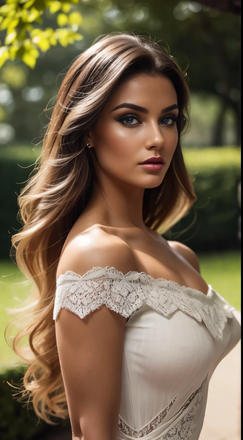 Retro, beautiful female model, Glamorous body, Plump body, The long-haired, curlyhair, a blond, slick skin, blue eyess, Fancy makeup, red-lips, heavy eye makeup, (( Intricate openwork lace off-shoulder dress, thin see-through fabric)), open-shirt, Knitted sandals, realist, plein air, super realistic 8K, super detailed and realistic, Posture sculpture, Big ass, Walk in the park, Walk through the gardens, Hair that flutters in the wind