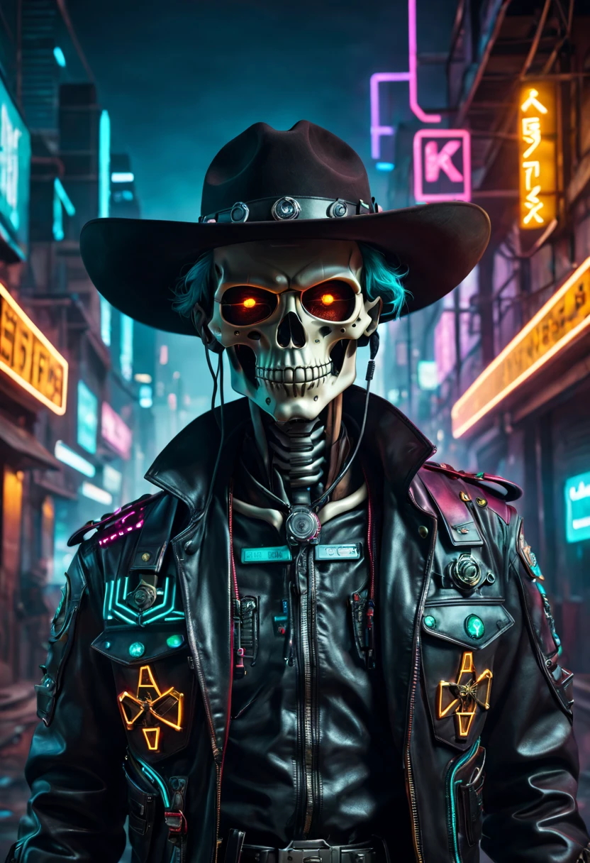 cyber punk personage,Sheriff,skeleton head,metalictexture,cowboy hat,Cockade,Neon brim,A futuristic,vibrant with colors,EDM sharp,Dystopian cityscape,Network enhancement,glowing light eyes,jaqueta de couro,high-tech weapon,wires and cables,Retro-Future,nighttime scene,Mixed reality。(Best quality at best,4K,8K,A high resolution,tmasterpiece:1.2),ultra - detailed,(actual,photoactual,photo-actual:1.37),