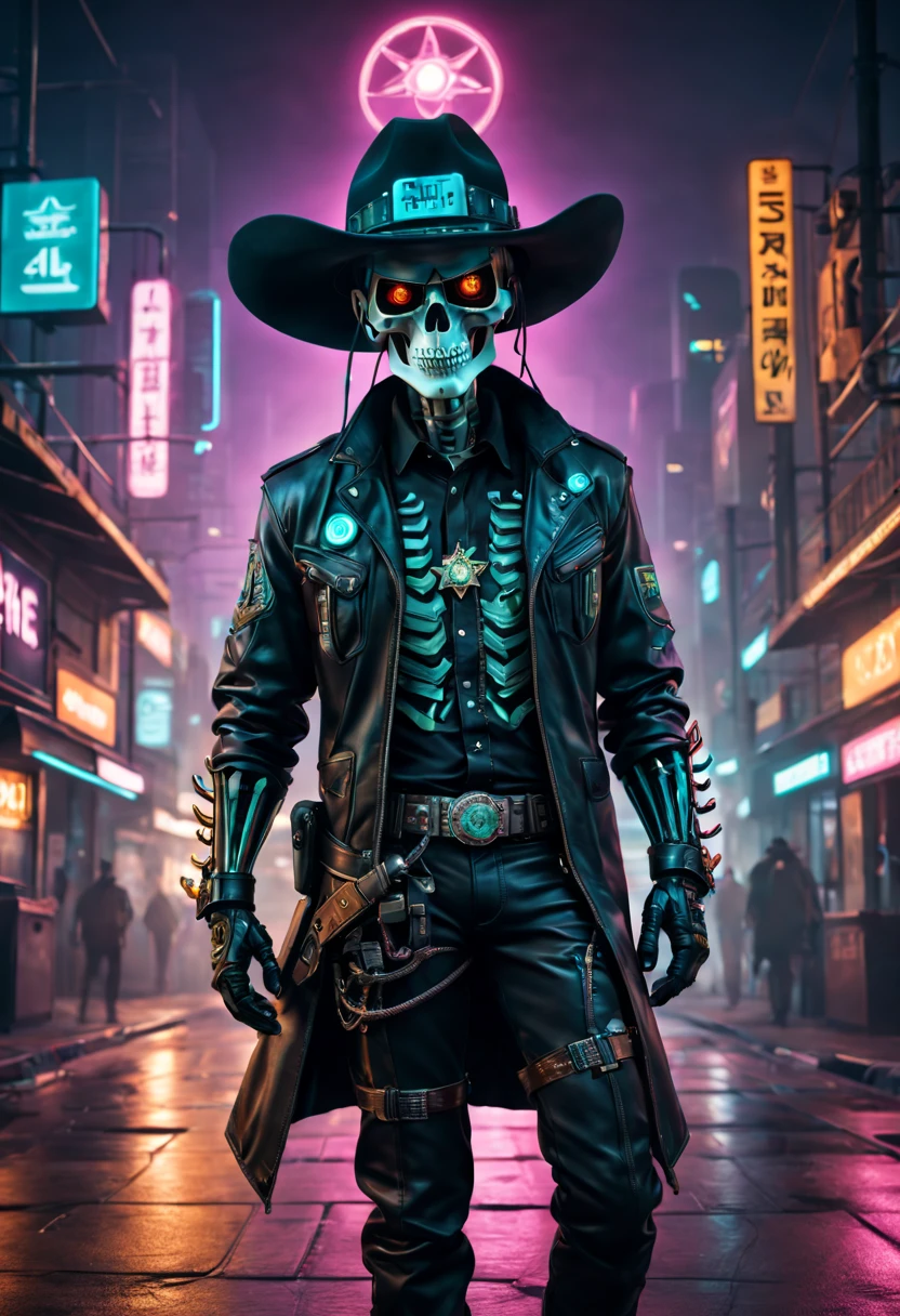 cyber punk personage，Sheriff，skeleton head，metalictexture，cowboy hat，Cockade，Neon brim，A futuristic，vibrant with colors，EDM sharp，Dystopian cityscape，Network enhancement，glowing light eyes，jaqueta de couro，high-tech weapon，wires and cables，Retro-Future，nighttime scene，Mixed reality。(Best quality at best,4K,8K,A high resolution,tmasterpiece:1.2),ultra - detailed,(actual,photoactual,photo-actual:1.37),
