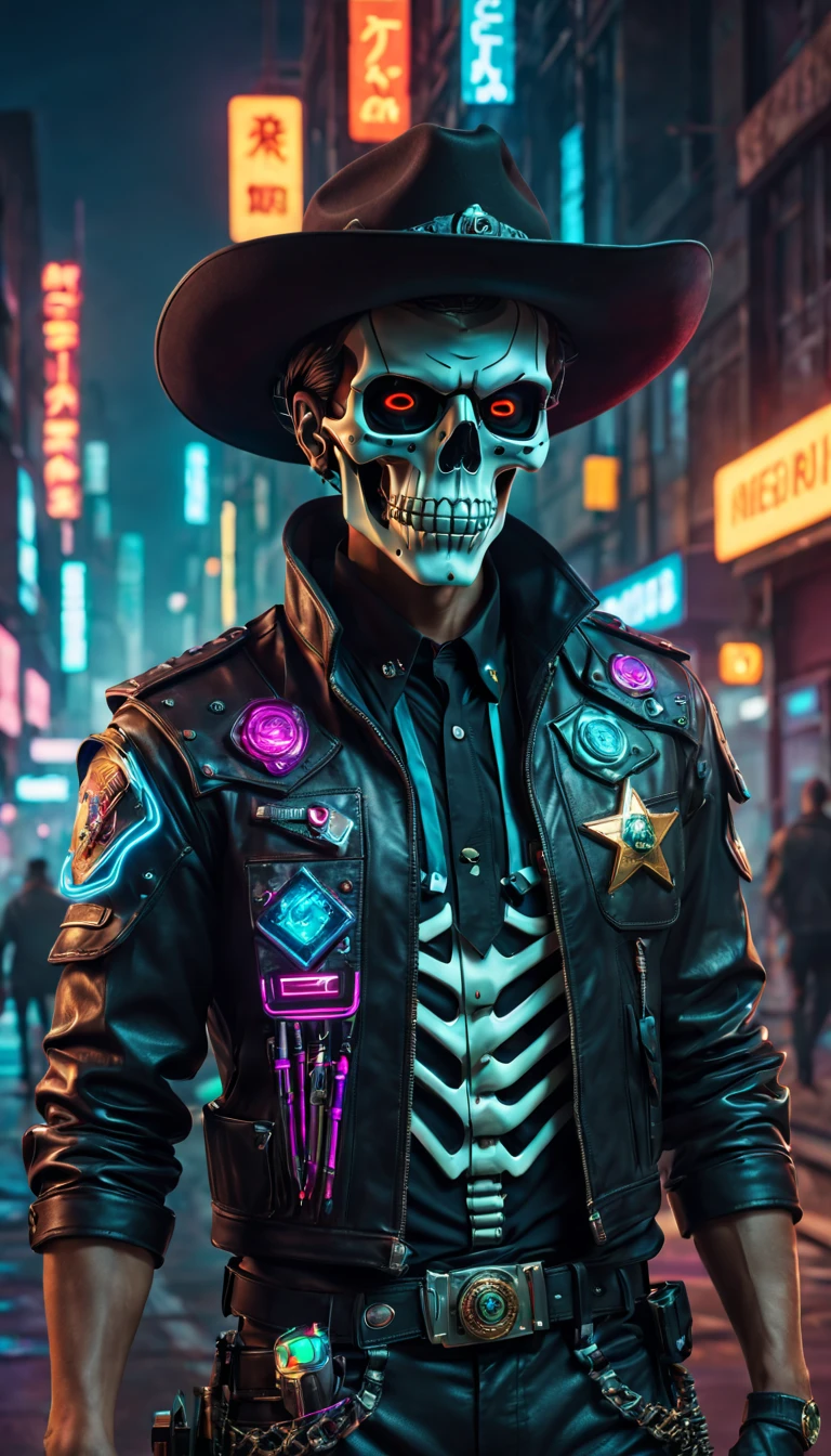 cyber punk personage，Sheriff，skeleton head，metalictexture，cowboy hat，Cockade，Neon brim，A futuristic，vibrant with colors，EDM sharp，Dystopian cityscape，Network enhancement，glowing light eyes，jaqueta de couro，high-tech weapon，wires and cables，Retro-Future，nighttime scene，Mixed reality。(Best quality at best,4K,8K,A high resolution,tmasterpiece:1.2),ultra - detailed,(actual,photoactual,photo-actual:1.37),