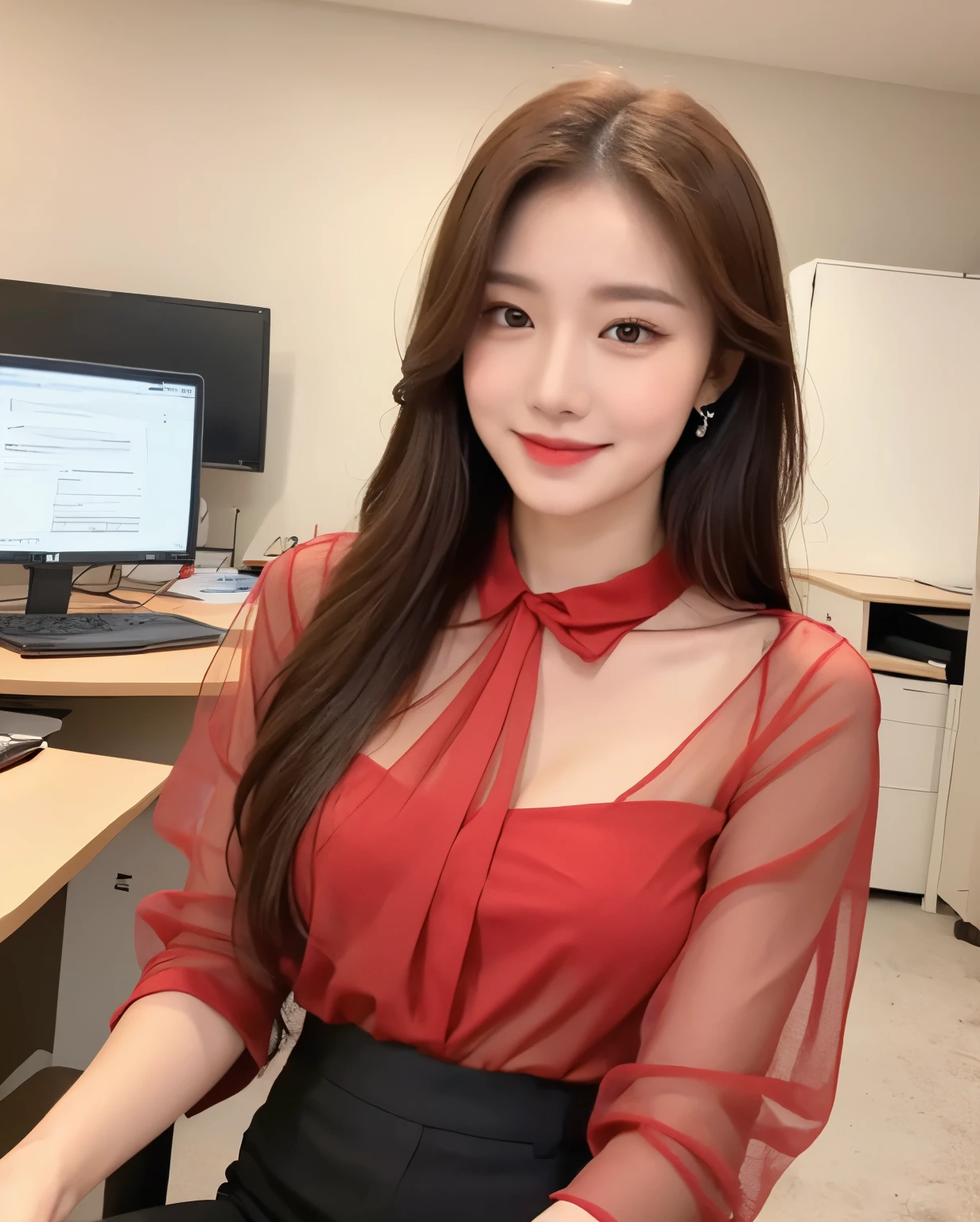 (Masterpiece, best resolution: 1.2), (brown eyes), seduction, smile, long brown hair, small breast, high-definition facial features, 8K, double eyelids, delicate facial feature, (((office))), ((((Sheer red blouse)))、(black trousers)、sitting on a chair, computer