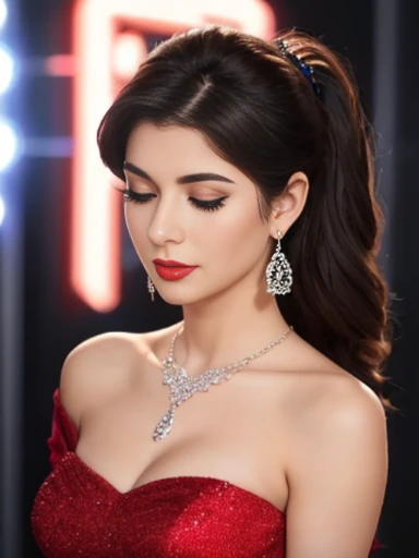 Lebanese lady, diamond dangling earrings, necklace, bracelets, small breasts, red lips, smokey eyes, red long satin dress, sad, hot, off shoulder, sleeveless, red cheeks, blush, side swept hair style, cleavages, radiant skin, dark party with neon lights, shy, embarrassed, 40 years old, eyes closed, moaning