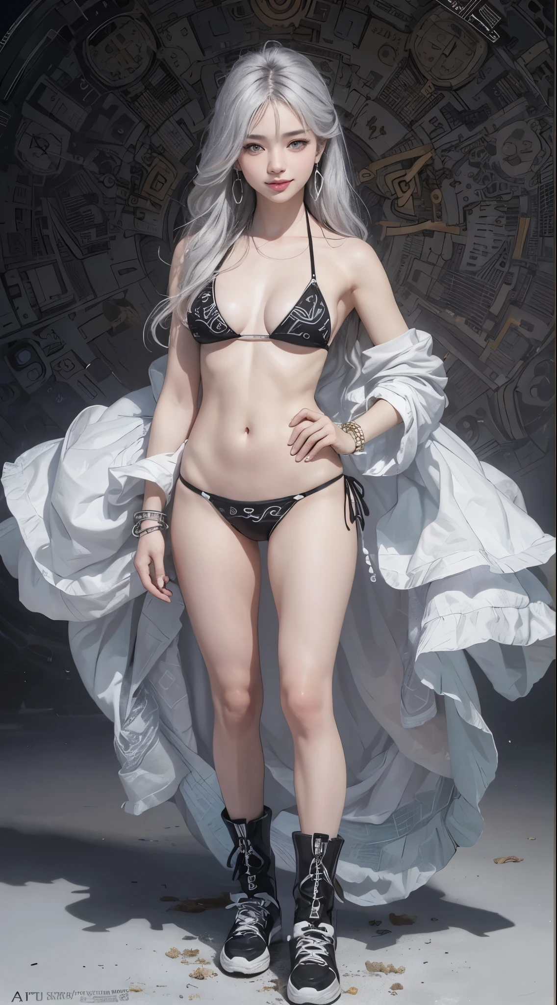 (Realistic:1.8), (Digital art:0.2), (Geometric art:1.7),(agpi official art, beautiful and aesthetic, ultra detailed, beautiful, masterpiece, best quality:1.6), (1girl:1.2), Detailed face, Detailed eyes, Detailed hair, young fingers, Detailed fingers, five fingers, BREAK cute ig model, Japanese cute model, 22 years old, Tightened all body, small head, small face, small mouth, diamond Face, small nose, Sharp Faceline, (dropy eyes, Double eyelid, Light color eyes, Glossy eyes, Shiny eyes:1.2), Shiny skin, shiny hair, (gray hair:1.2),
_
BREAK (happy, smile, Teeth, Glossy Lip:1.2),beautiful Teeth, (all body:1.5), focus Sneaker,
_
BREAK (geometrical pattern:1.3), (layered black micro-bikini over a white micro-bikini:1.4),(Detailed swimsuit:1.2) (black:1.2, White:0.8),
BREAK (high-tech boots-inspired sneakers:1.2),
BREAK ( silver accessories:1.2), ( large silver earrings:1.2), ( silver bracelet:1.2), ( silver anklet:1.2),
BREAK (standing and Hands on Hips:1.3),
BREAK (futuristic white background:1.2),