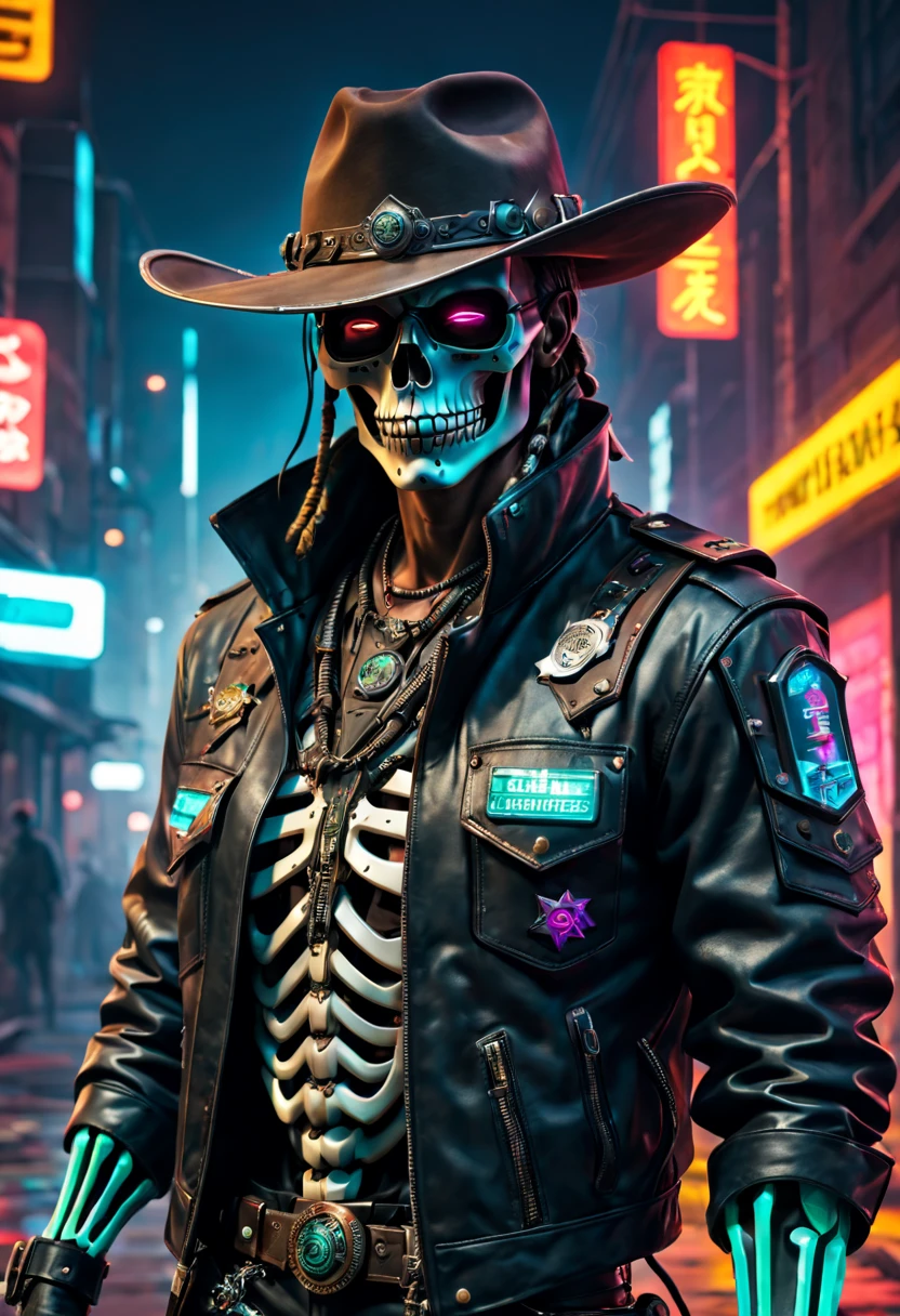 cyber punk personage,Sheriff,skeleton head,metalictexture,cowboy hat,Cockade,Neon brim,Dirty braids,A futuristic,vibrant with colors,EDM sharp,Dystopian cityscape,Network enhancement,glowing light eyes,jaqueta de couro,high-tech weapon,wires and cables,Retro-Future,nighttime scene,Mixed reality。(Best quality at best,4K,8K,A high resolution,tmasterpiece:1.2),ultra - detailed,(actual,photoactual,photo-actual:1.37),