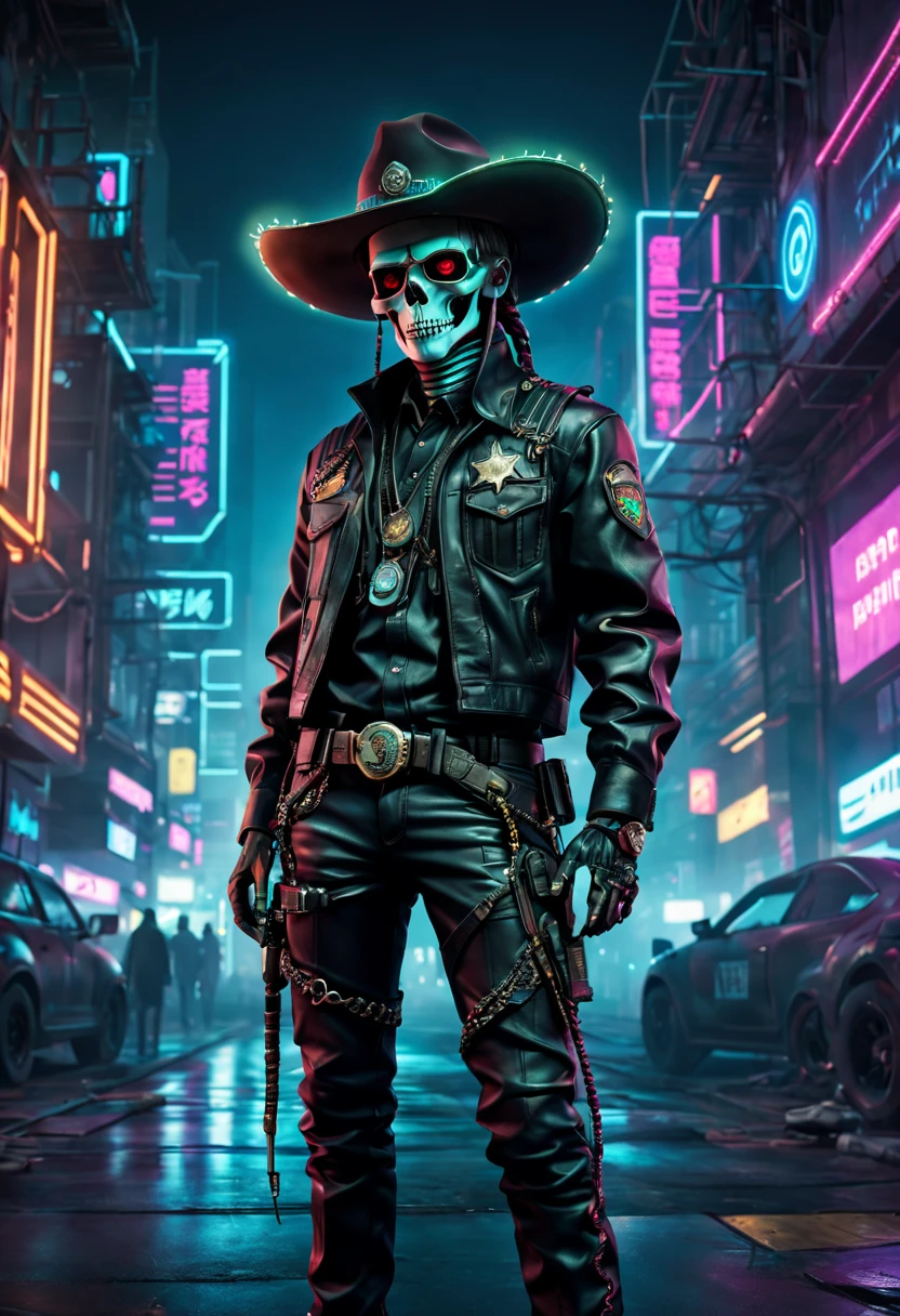 cyber punk personage,Sheriff,skeleton head,metalictexture,cowboy hat,Cockade,Neon brim,Dirty braids,A futuristic,vibrant with colors,EDM sharp,Dystopian cityscape,Network enhancement,glowing light eyes,jaqueta de couro,high-tech weapon,wires and cables,Retro-Future,nighttime scene,Mixed reality。(Best quality at best,4K,8K,A high resolution,tmasterpiece:1.2),ultra - detailed,(actual,photoactual,photo-actual:1.37),