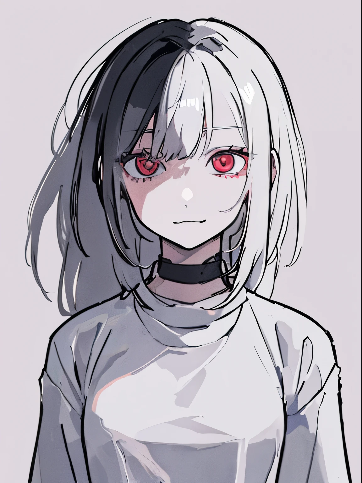 style of painting,(empty background),((Flat chest)),(Front Portrait), (Black and whature Women,((Microthorax)),(High cold),Hey, hey, smile,monochrome, blank stare, dead fish eyes, cool beauty,half lidded eyes, indifferent expression, black and white portrait, bored, impassive, loner,(Alone),Wispy bangs,Textured straight,Above the waist,((White Hair)),(Red Pupil),((White Shirt)),Shirt,Wispy bangs