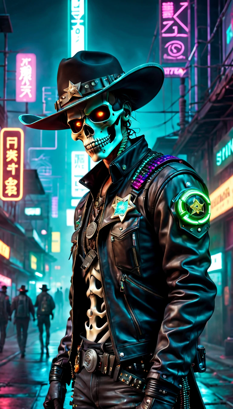 cyber punk personage，Sheriff，skeleton head，metalictexture，cowboy hat，Cockade，Neon brim，Dirty braids，A futuristic，vibrant with colors，EDM sharp，Dystopian cityscape，Network enhancement，glowing light eyes，jaqueta de couro，high-tech weapon，wires and cables，Retro-Future，nighttime scene，Mixed reality。(Best quality at best,4K,8K,A high resolution,tmasterpiece:1.2),ultra - detailed,(actual,photoactual,photo-actual:1.37),