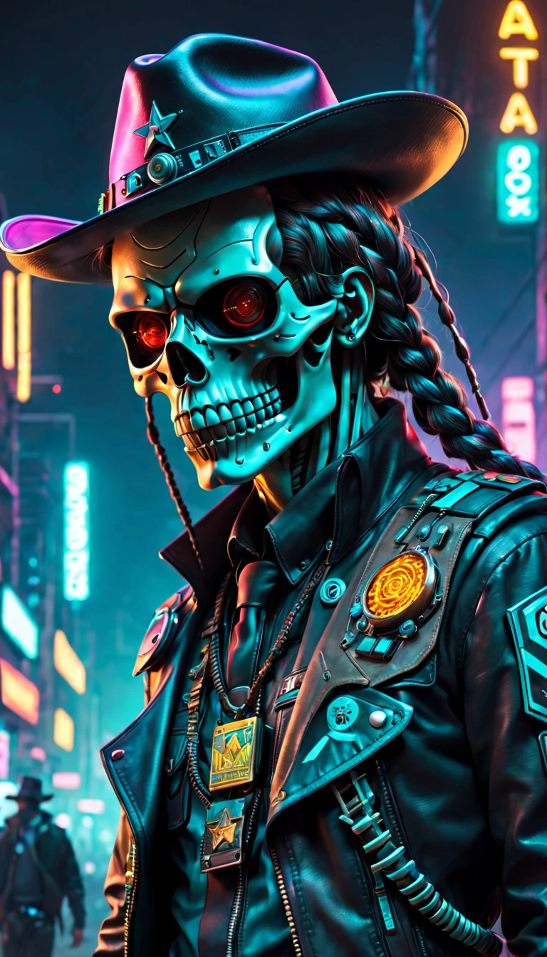 cyber punk personage，Sheriff，skeleton head，metalictexture，cowboy hat，Cockade，Neon brim，Dirty braids，A futuristic，vibrant with colors，EDM sharp，Dystopian cityscape，Network enhancement，glowing light eyes，jaqueta de couro，high-tech weapon，wires and cables，Retro-Future，nighttime scene，Mixed reality。(Best quality at best,4K,8K,A high resolution,tmasterpiece:1.2),ultra - detailed,(actual,photoactual,photo-actual:1.37),