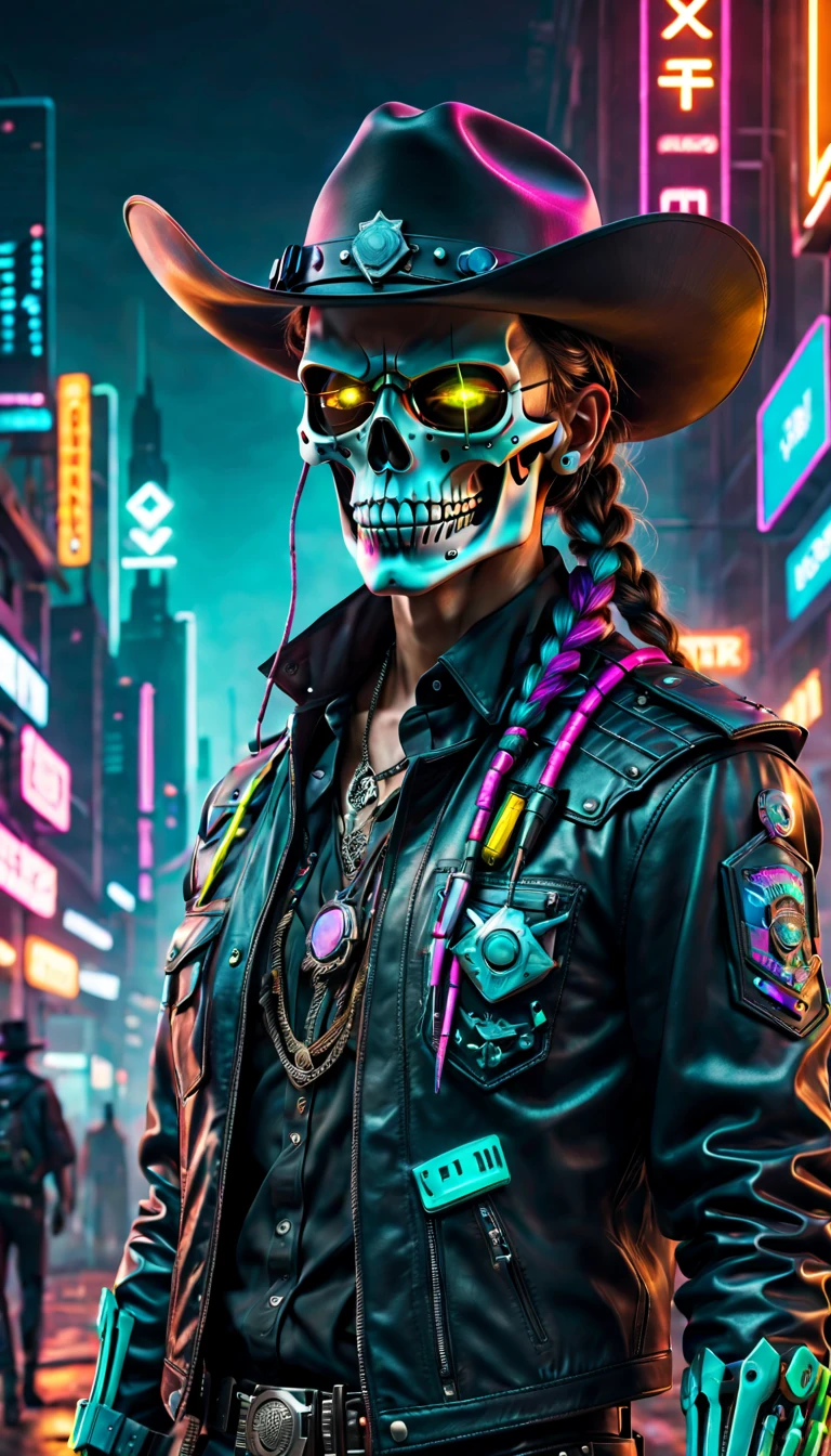cyber punk personage,Sheriff,skeleton head,metalictexture,cowboy hat,Cockade,Neon brim,Dirty braids,A futuristic,vibrant with colors,EDM sharp,Dystopian cityscape,Network enhancement,glowing light eyes,jaqueta de couro,high-tech weapon,wires and cables,Retro-Future,nighttime scene,Mixed reality。(Best quality at best,4K,8K,A high resolution,tmasterpiece:1.2),ultra - detailed,(actual,photoactual,photo-actual:1.37),