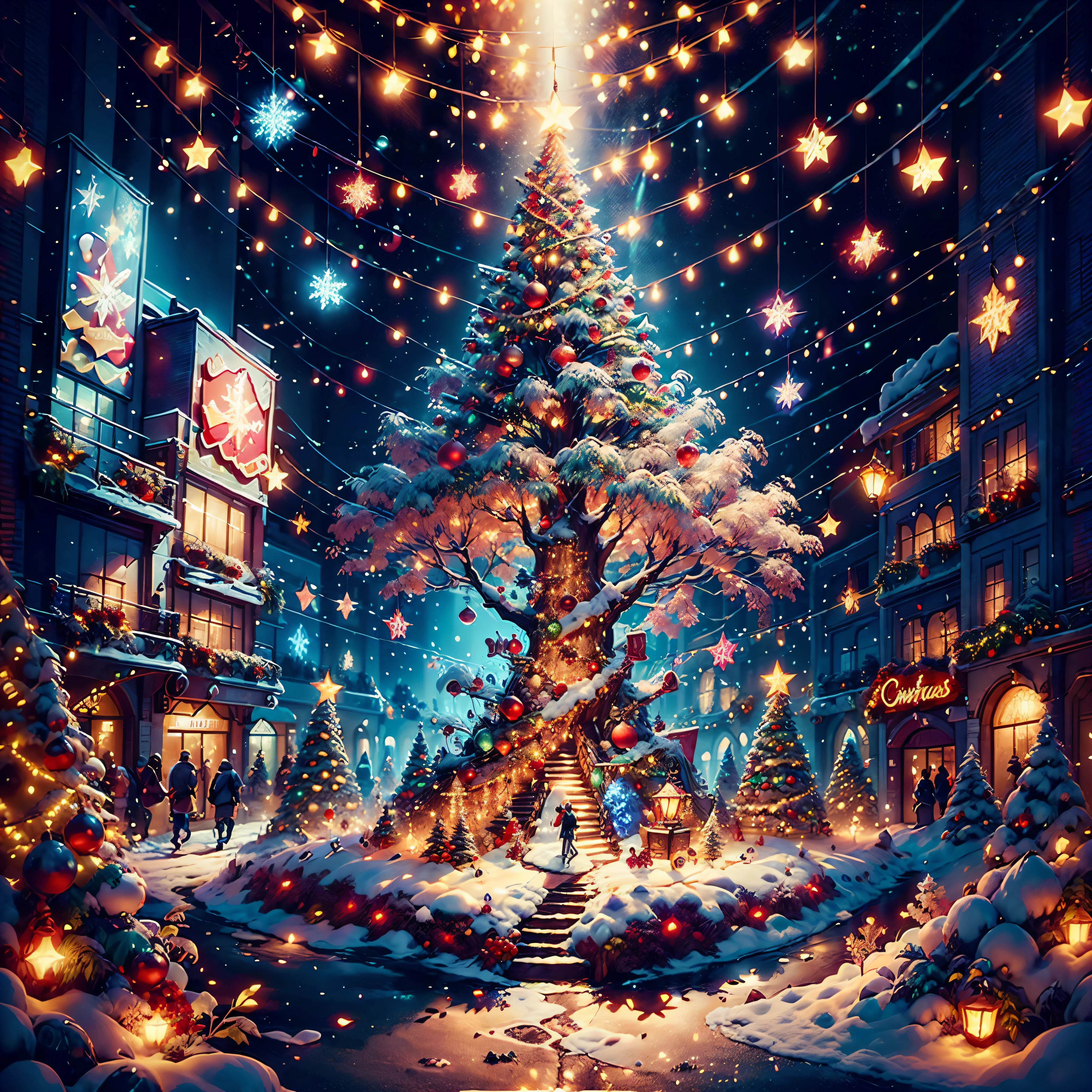 (((Vector illustration style)))，Vibrant colors, magical ambiance, Whimsical, Sparkling, Fantasy Christmas World,vibrant with colors, vivd colour, Magical atmosphere, Whimsical, Sparkling，Fantasy Christmas World，Inside the Christmas mall，The huge Christmas tree hung with lights、pompon、Christmas socks，Christmas pendants，Piles of gifts placed under the tree。A young couple and a  admire the Christmas decorations in the mall，Surrounded by performers in Santa Claus costumes and Santa Claus statues。The Christmas mall like a fairy tale world，full of magic， (Ghibli-like colours, pov, first-person view, accurate, anatomically correct, super detail, high details, high quality, award winning, best quality) 🎈🍦🍹❤🔆🕡(😘👩🎀👗⚜👒🥿👡🩲💅)🎪🎢🎡🎠 ultra_high-def ultra_Photo-realistic optimal ultra_high-quality opengl-shaders ultra_high-details accurate reflex ultra_high-res perfection volumetric lightning improved Octane_rendues UHD XT3 DSLR HDR 3dcg shadow analogiques extatiques symmetrical beholder sundrop Cinematic_sunlight UnrealEngine5 Ultra Masterpiece deep path Equirectangular_360 varied multi etc. --s 1000 --c 20 --q 20