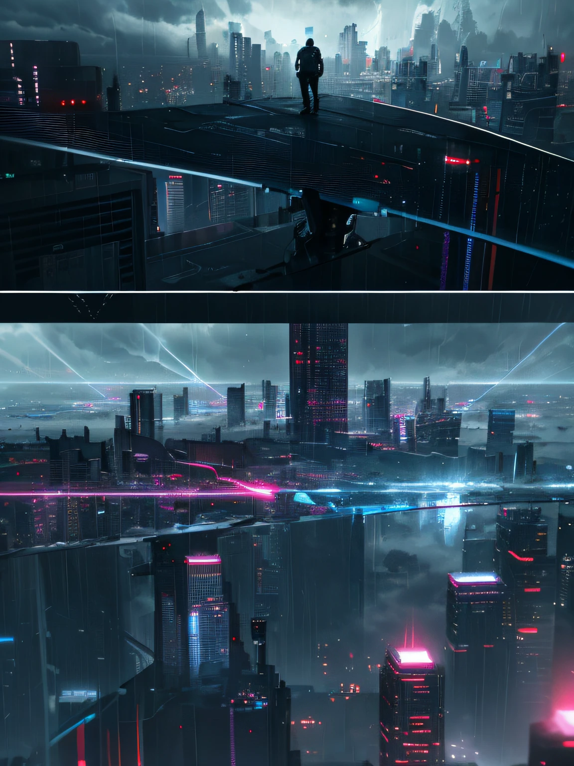 Cyberpunk [foggy cidadescape in the distance : Homens , cidade:0.33] imerso em um fluxo gigante de vento, Living in a cloud of thunder, Behind the Cloud, (double exposure:1.3), sonho surreal, Atmosfera cinzenta, Dia chuvoso, Dynamic, lute, HDR