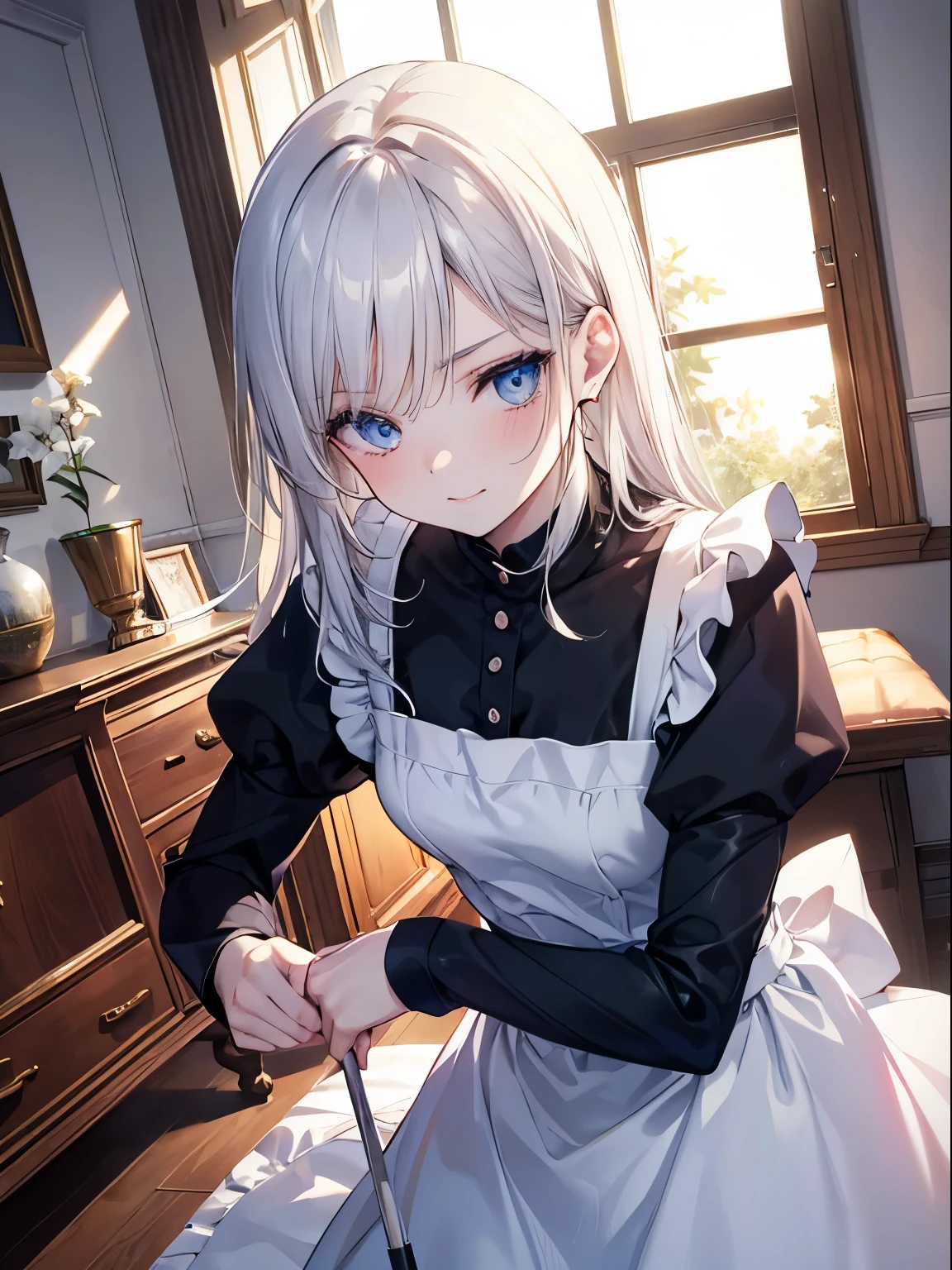 masutepiece, Highest Quality, (Perfect face:1.1), (high detailing:1.1), (ultradetailed eyes), Dramatic, superfine illustration, Extremely detailed, 1girl in, (pale skin), long white hair, Ethereal eyes, Blue eyes,tareme, (light eyebrow),blush,Solo,Smile, Happy, Laugh, Enjoy, Pouty lips,Cinematic lighting, looking up,learning forward,fromabove,upper body,Maid clothes,indoor,livingroom,cleaning the room