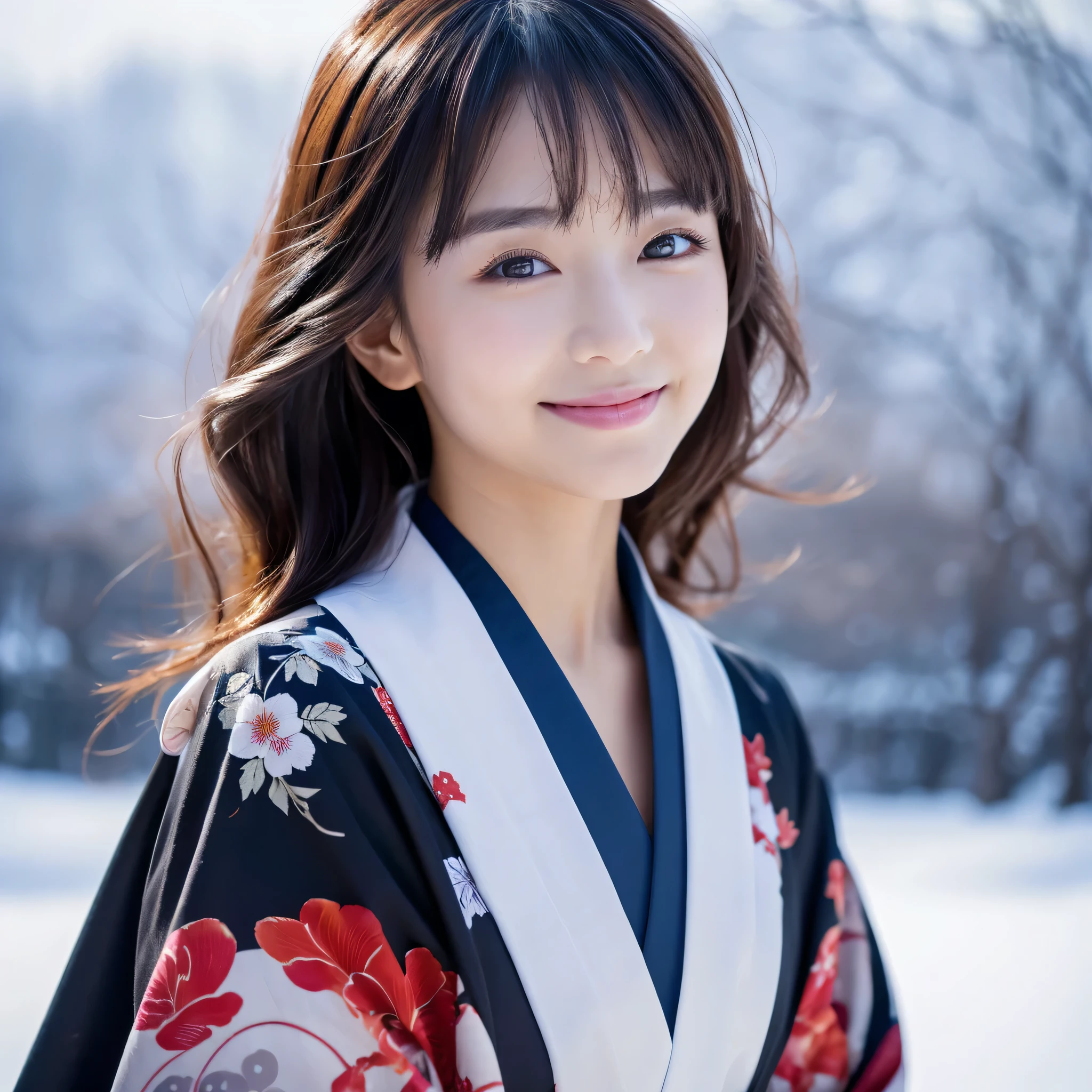 (Super beautiful woman in kimono)、((best qualtiy、8k masterpieces:1.3))、foco nítido:1.2、(ultra beautiful faces:1.0)、(shinny skin:1.0)、photos realistic、A dark-haired、Video Lighting、High-definition eyes and face、Video Lighting、Japanese actressl、from the front side、medium breasts、With a happy smile、Slender Abs Beauty、Whole body、wearing kimonos、In a snowy landscape in the middle of winter、highest grade obi