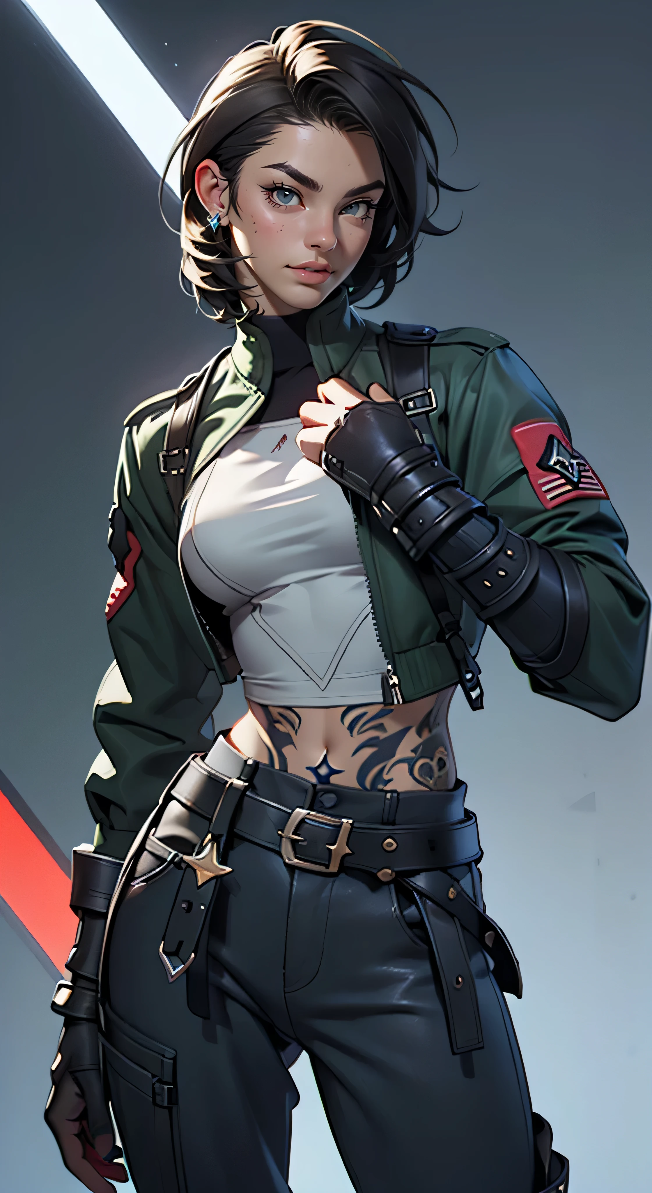 11:23(((Best quality: 1.4))),(Unbeatable masterpiece), (hyper HD),(Hyper-realistic 8k CG)、(of clothes'University teacher'don't show your waist)(pigtails))), (((1 girl in))), The 25-year-old American soldier has a perfect figure,,Beautiful and well groomed face,fit-muscled body:1.2,detailed solid color jacket, (Pictures from head to thighs), Complex equipment, Dark Green,long trousers,Close-fitting clothes are dark,With white stars and off-white stripes,,,,,Metal electronic parts for armor, Poison tattoos )