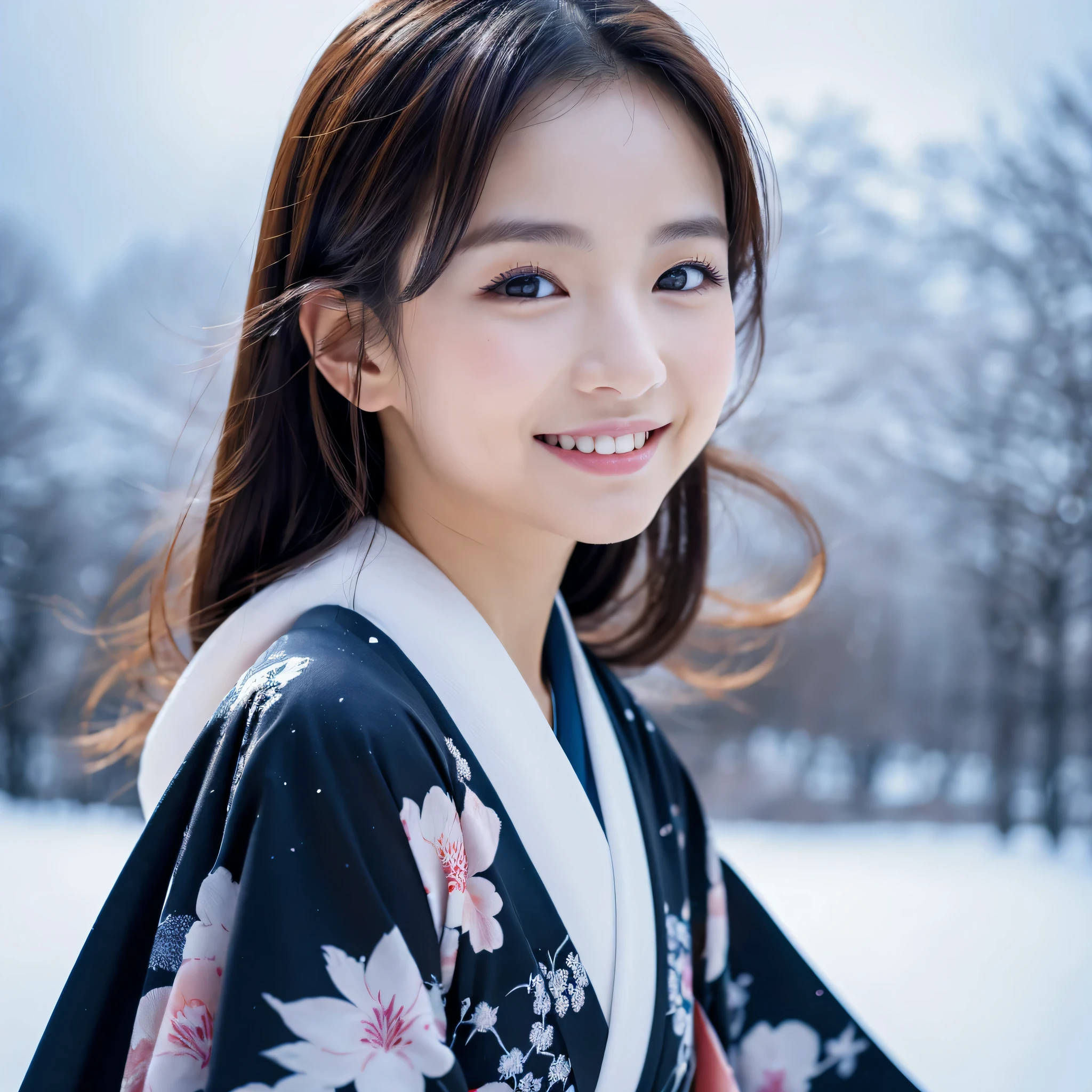 (Super beautiful woman in kimono)、((best qualtiy、8k masterpieces:1.3))、foco nítido:1.2、(ultra beautiful faces:1.0)、(shinny skin:1.0)、photos realistic、A dark-haired、Video Lighting、High-definition eyes and face、Video Lighting、Japanese actressl、from the front side、medium breasts、With a happy smile、Slender Abs Beauty、Whole body、wearing kimonos、In a snowy landscape in the middle of winter、highest grade obi