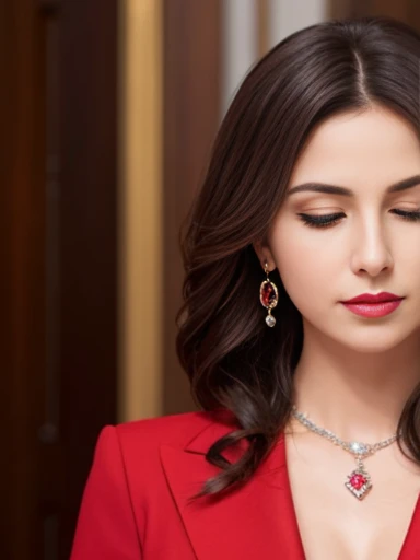Lebanese lady, diamond dangling earrings, necklace, bracelets, small breasts, 40 years old, smokey eyes, cleavages, red business suits, red lips, city, embarrassed, sad, eyes closed, feminine purse, heavy makeup, red coat