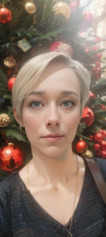a handsome female, looks into the frame, A slight smile, portraite of a, holiday, Cyan eyes, Same face in photo
