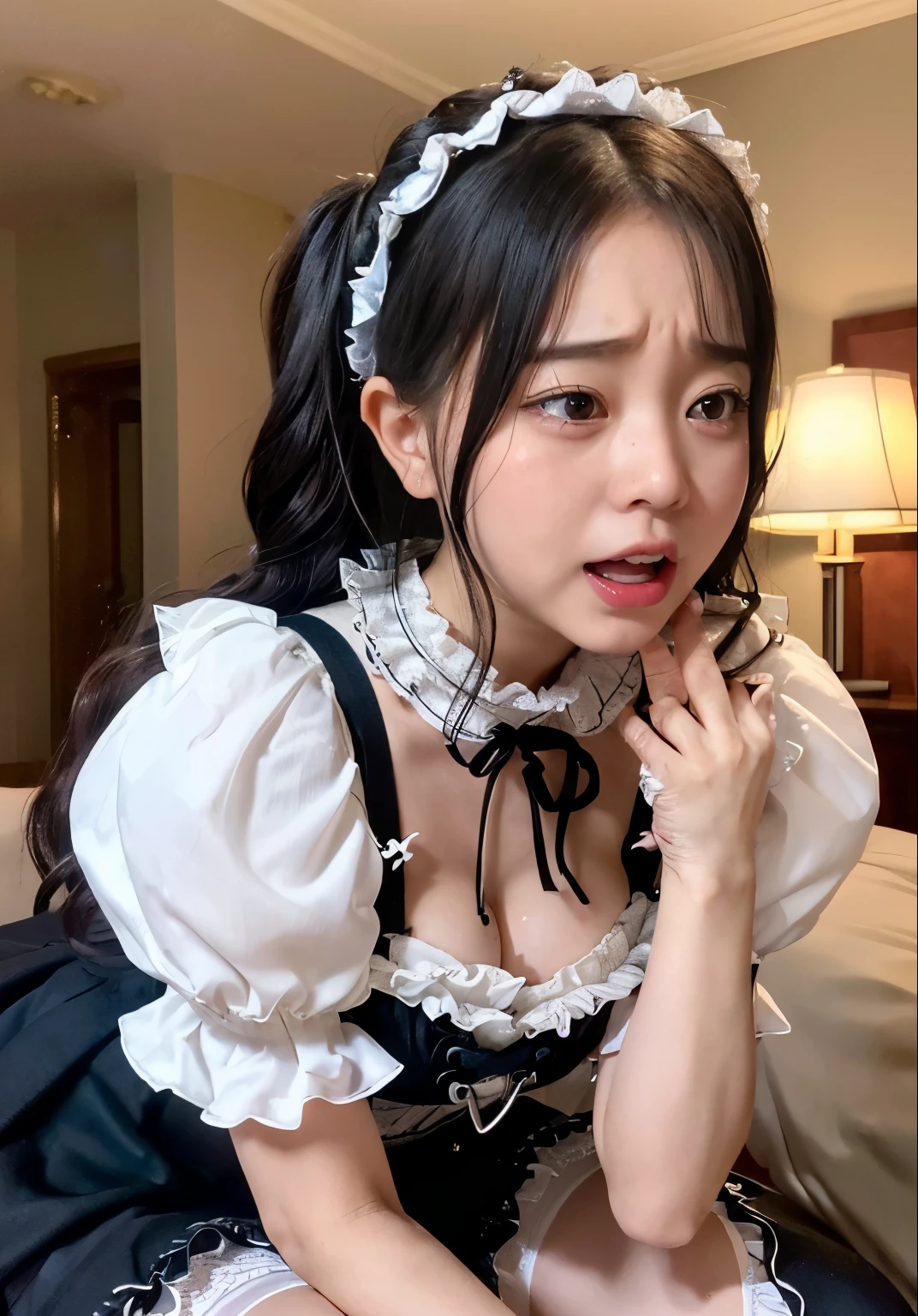 in the hotel room, 25 year's old, sitting on the bed, ((all-fours、insertion、Deep joy、severe pain、Ecstatic eyes:1.2),(sideview:1.5), despairing, crying hard, ((pant heavily:1.2))、Ecstatic face、Climax expression、Look up、Looking to ceiling、((endure hard:1.5)), Clenching teeth、The whole body is shown, Granblue Fantasy of a beautiful lovely sweet cute loli gothic lolita girl with frilled lace thighhighs many frills ( lovely sweet loli moe face) cleavage of hugebreasts thighs gothic lolita loli head dress is gothic lolita fashion glowing skin cleavage many frill socks long silver wavy hair blush cheeks cinematic lighting sharp focus bokeh highlight cinematicpostprocessing intricate human hands fingers