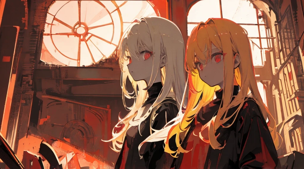 (sister, blonde hair, red eyes, sitting in a chair), (abandoned church, red moon outside the window), (low contrast, flat color, limited palette)