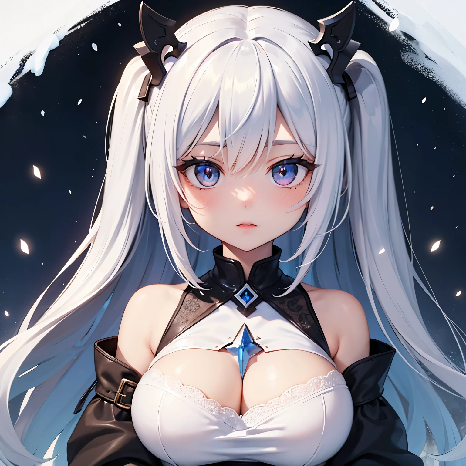 (masterpiece,best quality,ultra-detailed),1girl, large breast, glowing eyes,long hair,(((frost pretty girl))),beautiful and detailed face, detailed eyes,night,snow particles in the air,((frost theme)),((((frost theme)))),