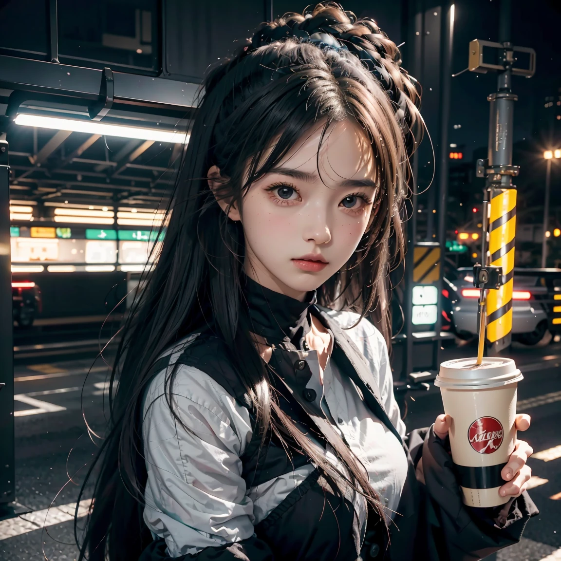 Anime girl with long hair is holding a coffee, in the style of traincore, realist-portraits , in the style of dark silver and light black, in the style of traincore, realist-portraits, gray, photorealistic urban scenes, photorealistic scenes, black and gray,32k uhd, gongbi, photo-realistic drawings, wavy, shiny/glossy, i can't believe how beautiful this is