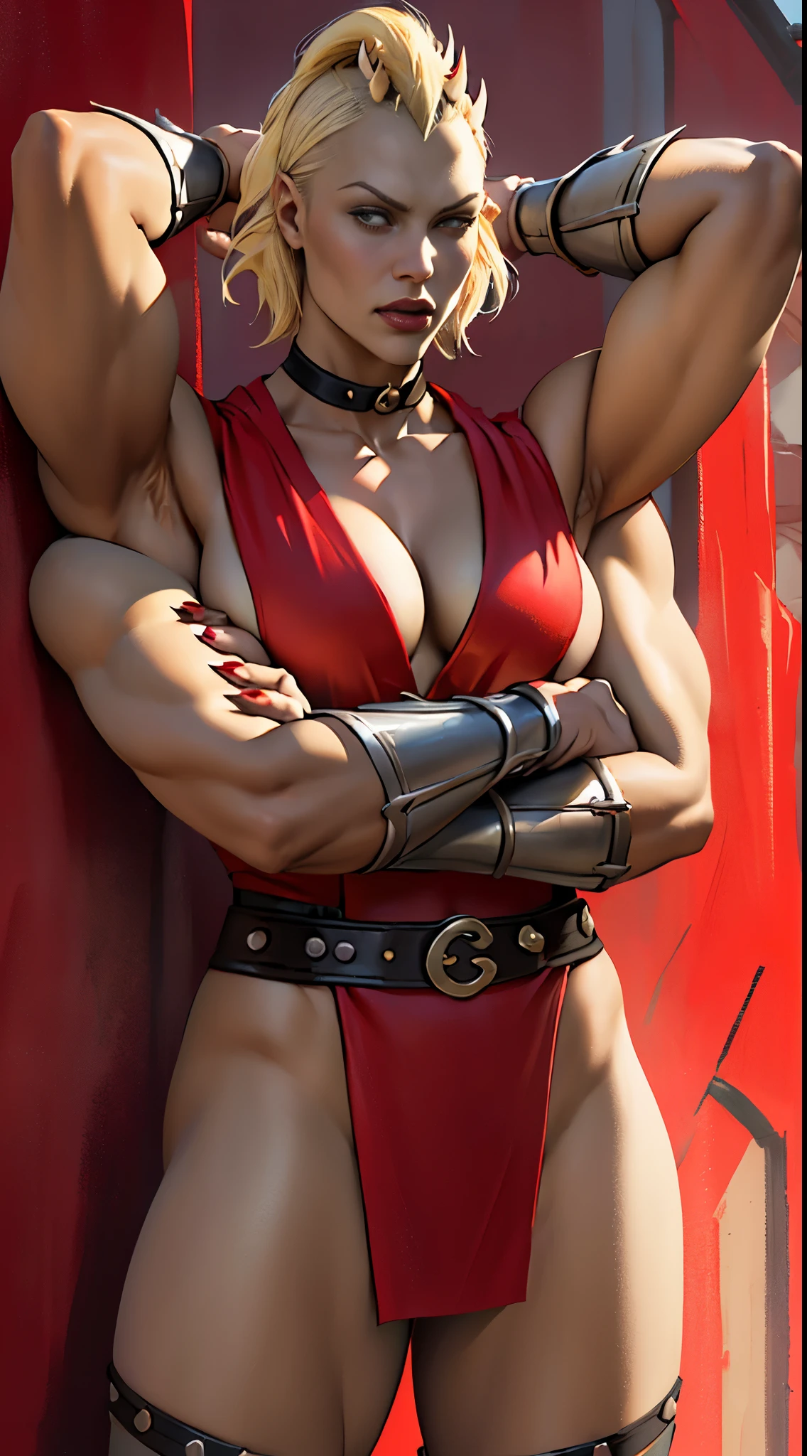 actress ((Gwendoline Christie)) as Sheeva from Mortal Kombat, ((4arm):1.4), (extra arms:1.4), sharp claws, (blond hair), wearing red clothing that consists of straps, belts, and other accessories, desert in a background, intricate, high detail, sharp focus, dramatic, photorealistic painting art by greg rutkowski