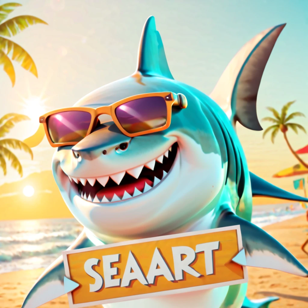 spectacular face of a white shark smiling, with sun glasses, holding a sign that says, " seaart ", old school disney style animation,