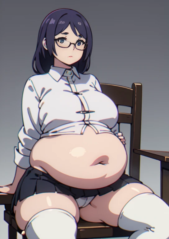 (masterpiece, best quality), 1girls, big belly, blurry background, huge belly, art by kipteitei, round belly, chubby, curvy, white button-up shirt, skirt, thighhighs, simple_background, gradient_background, belly bursting out of shirt, belly grab, enormous belly, fat belly, thicc, bigger belly, sitting on chair, really big belly, jiggly belly, shirt covering belly, belly cover by shirt, glasses