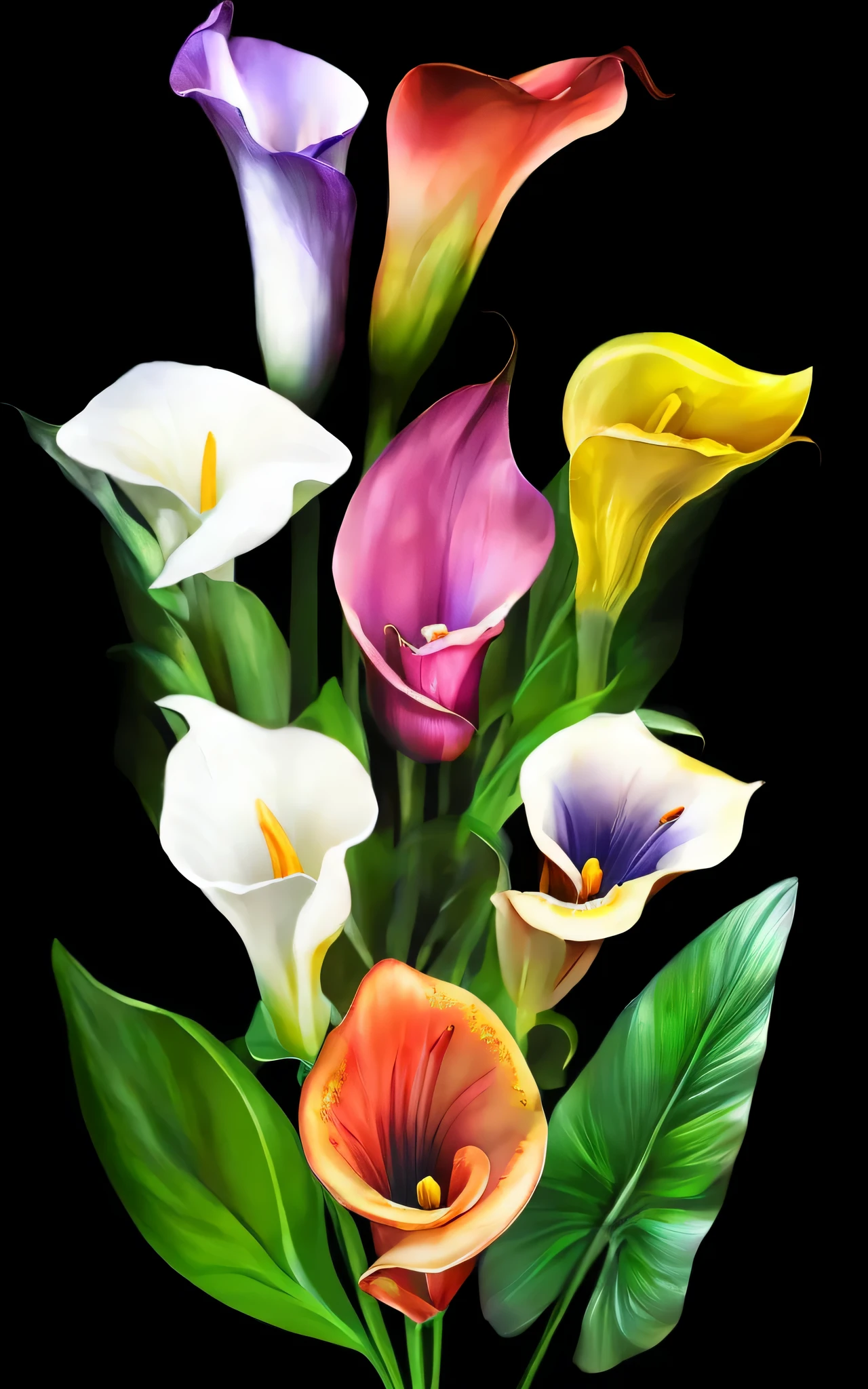 there are many different colored Flowers in a vase on a black background, lily Flowers. 8 K, large exotic Flowers, beautiful Flowers, magical colorful Flowers, colored Flowers, colorful Flowers, glossy digital painting, brightly colored Flowers, realistic Flowers oil painting, lily Flowers, lilies, big lilies, lillies, floral Flowers colorful, Digital painting highly detailed, Flowers