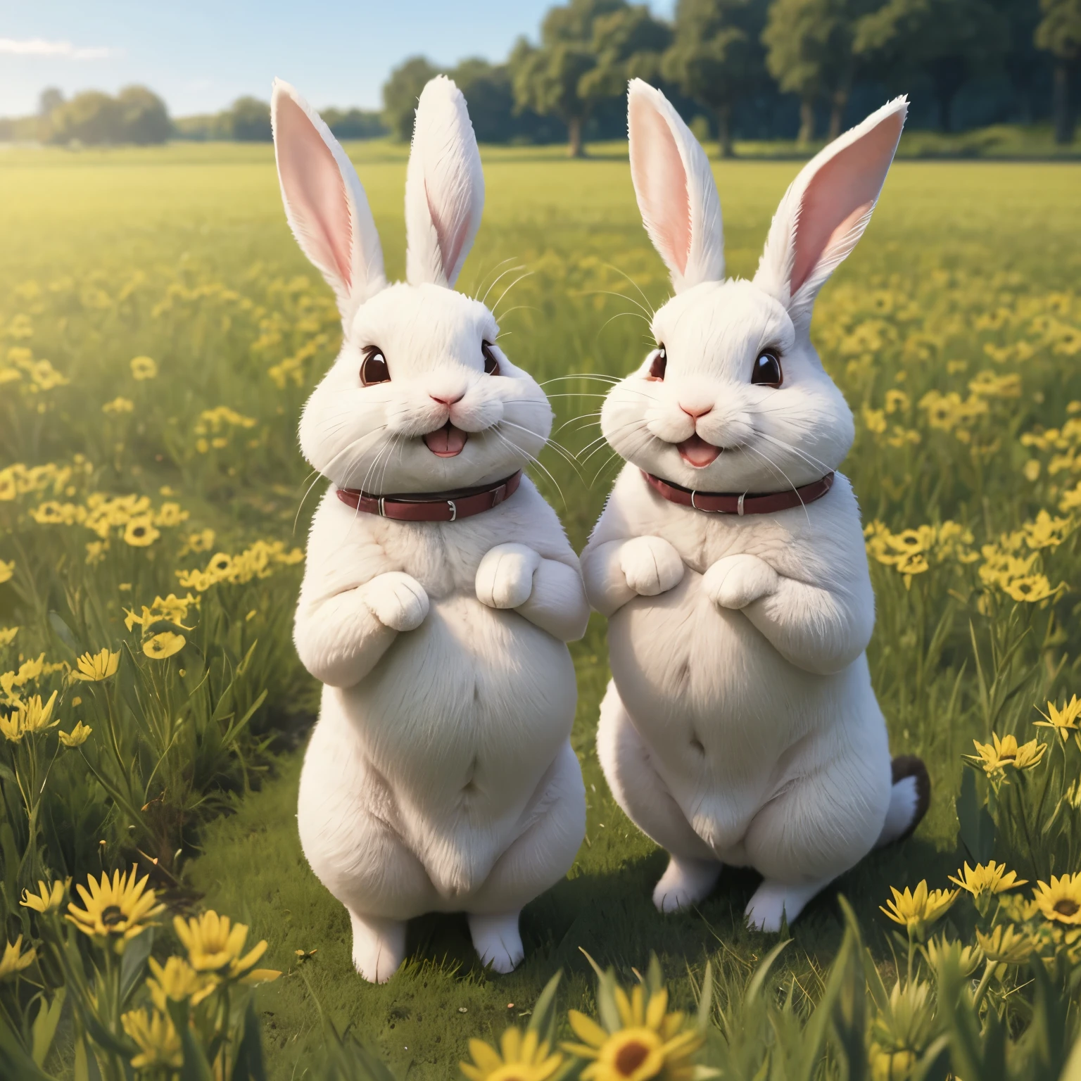finest image, chibi character rabbits holding their bellies and laughing, background fields, burrows