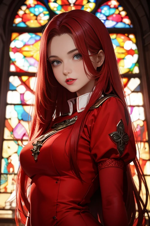 (top-quality、8K)、Woman with straight long hair and red lipstick, ekaterina, 16 year woman,Bright red hair、Medieval red color dress、perfect beautiful body、Perfect beautiful face、In the old church yard、