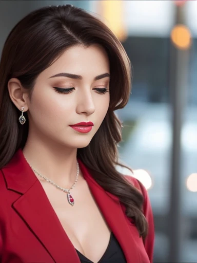 Lebanese lady, diamond dangling earrings, necklace, bracelets, small breasts, 40 years old, smokey eyes, cleavages, red business suits, red lips, city, embarrassed, sad, eyes closed, feminine purse, heavy makeup, red coat