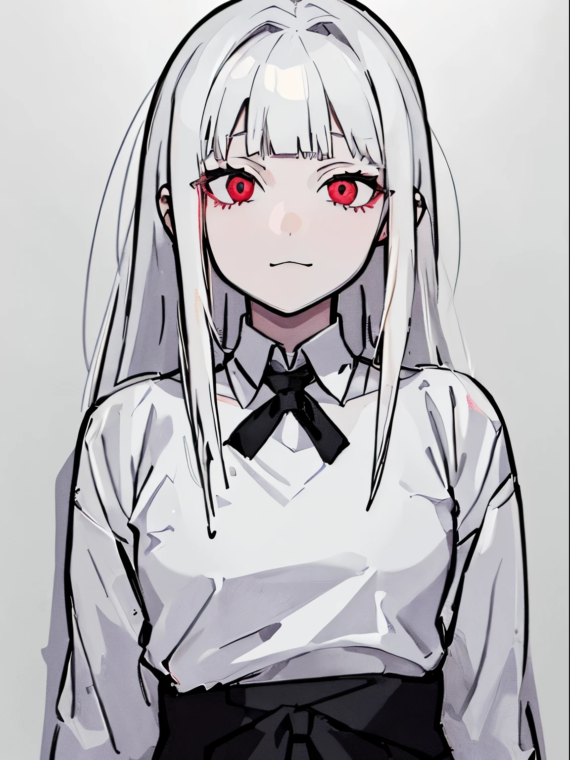 style of painting,(empty background),((Flat chest)),(Front Portrait), (Black and whature Women,((Microthorax)),(High cold),Hey, hey, smile,monochrome, blank stare, dead fish eyes, cool beauty,half lidded eyes, indifferent expression, black and white portrait, bored, impassive, loner,(Alone),Wispy bangs,Textured straight,Above the waist,((White Hair)),(Red Pupil),((White Shirt)),Shirt,Wispy bangs
