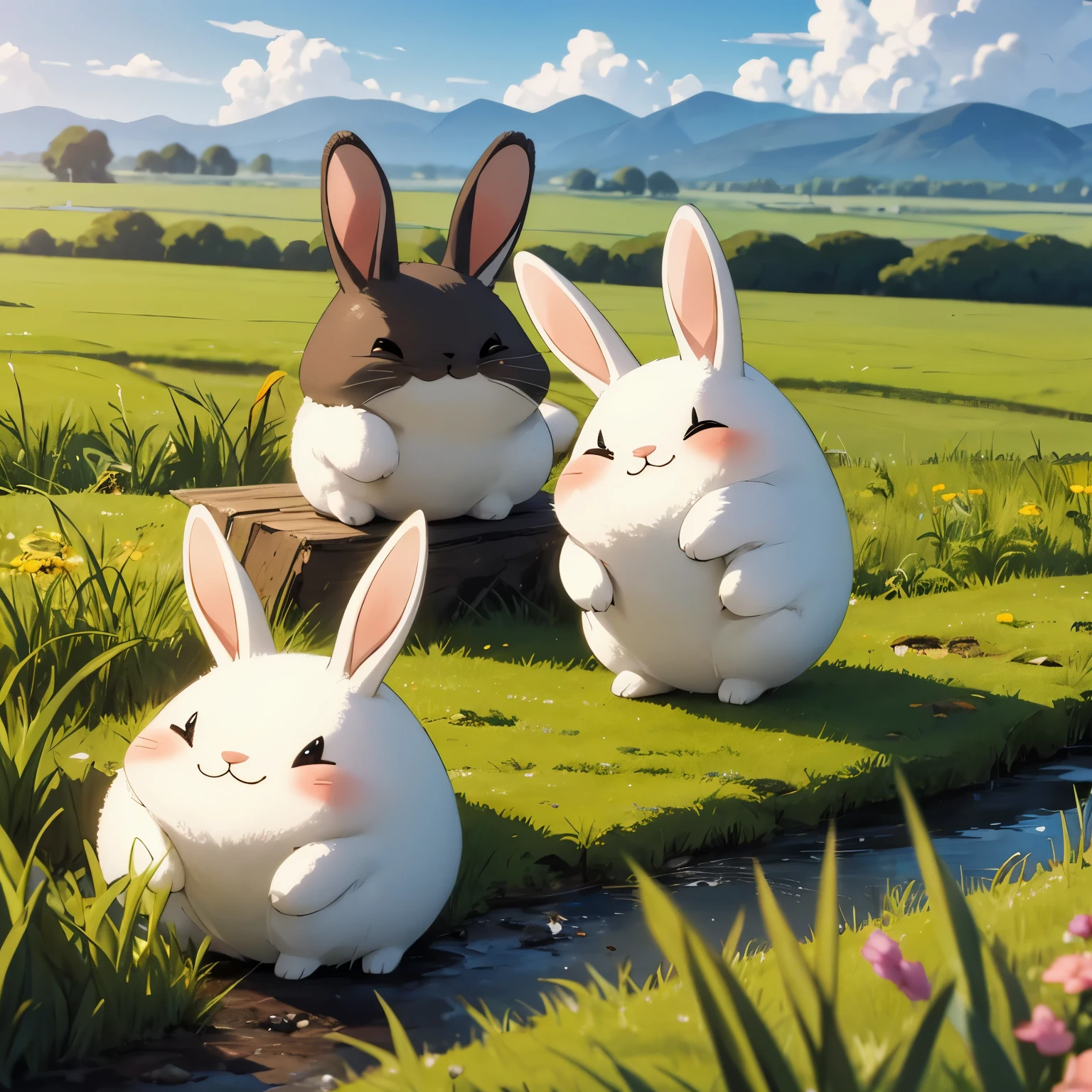 finest image, chibi character rabbits holding their bellies and laughing, background fields, burrows