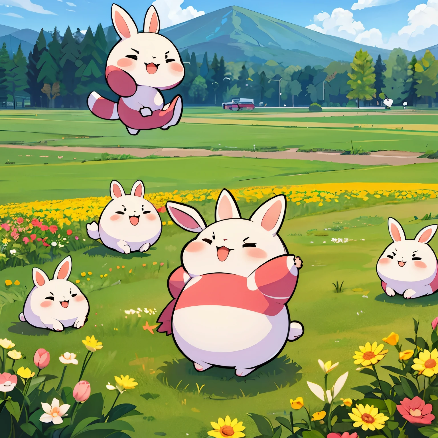 finest image, chibi character rabbits holding their bellies and laughing, background fields, burrows