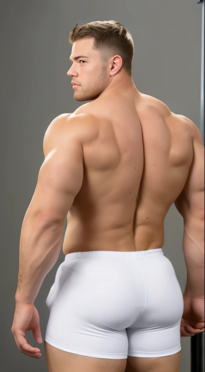 1men, muscle, big ass, looking back, leen body no too much fingers, masculine features, white male, tight white shorts, race white,