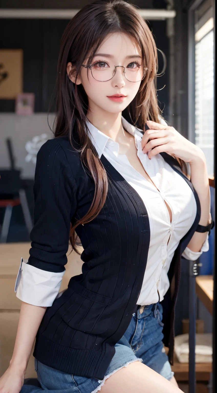 (RAW photos:1.2),high high quality,Beautiful Meticulous Girl,Highly detailed eyes and face,beatiful detailed eyes,hugefilesize,A high resolution,8k wallpaper,finely detailled,Highly detailed stock code uniform 8k wallpaper,light in face,电影灯光, girl,A sexy pose,(photo-realism:1.4),illustratio,ultra-realistic realism,super detailing, tmasterpiece, Current School Classroom,On the podium,In front of the blackboard,Wear a school uniform,wears glasses,Bigchest,low chest
