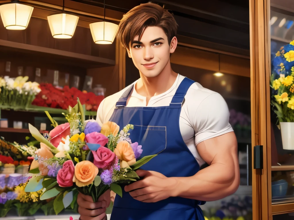 (top-quality:1.1), (​masterpiece:1.1), (Short hair:1.2), (macho:1.2), Brown hair, fullnude, , A smile, Flower Shop, (japanes:1.1), (年轻:1.2), pinafore, Have a bouquet