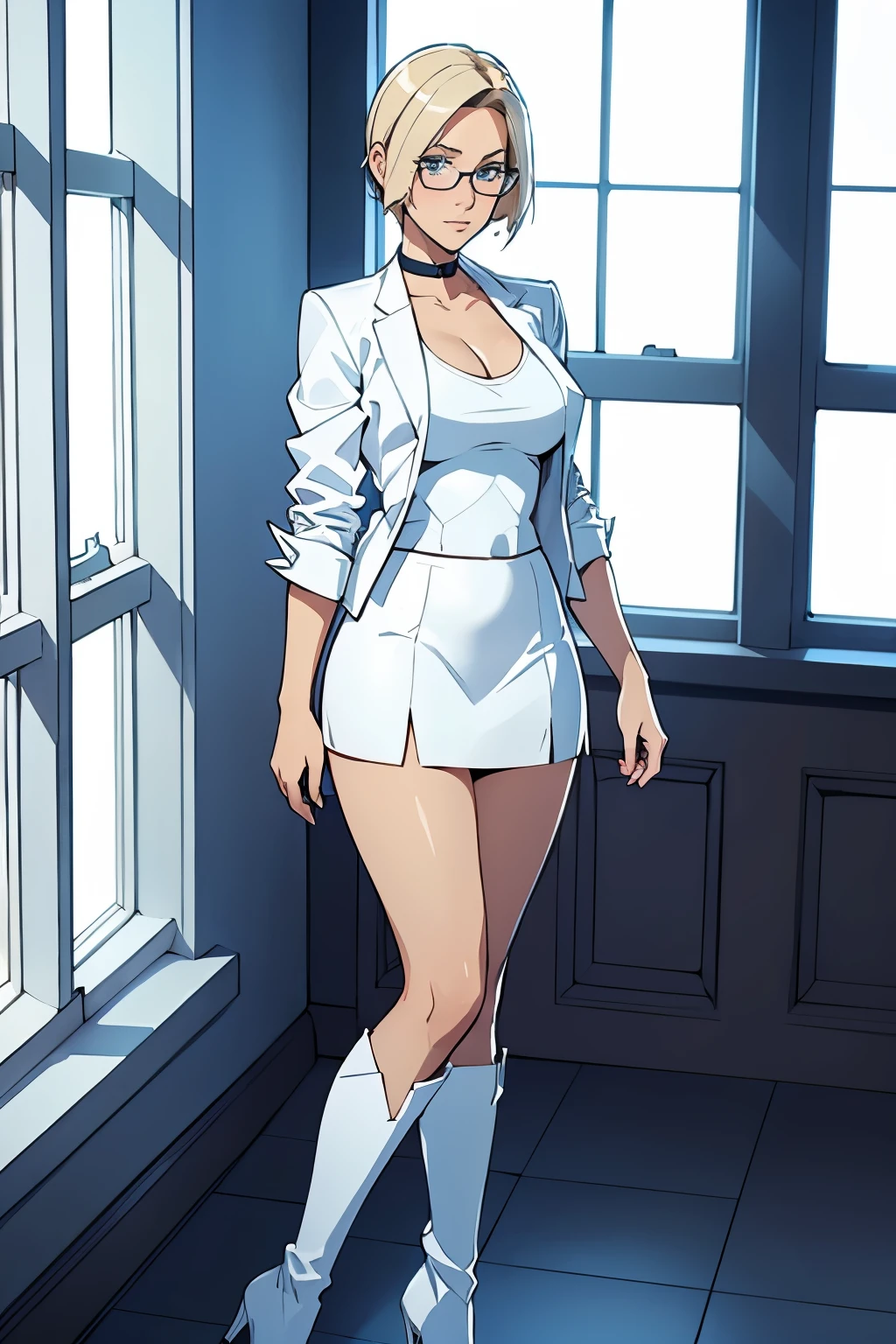 female, short straight blonde hair, blue eyes, white suit jacket, white skirt, long white high heel boots, black choker, no t shirt, medium boobs, glasses, blushing, in front of a window