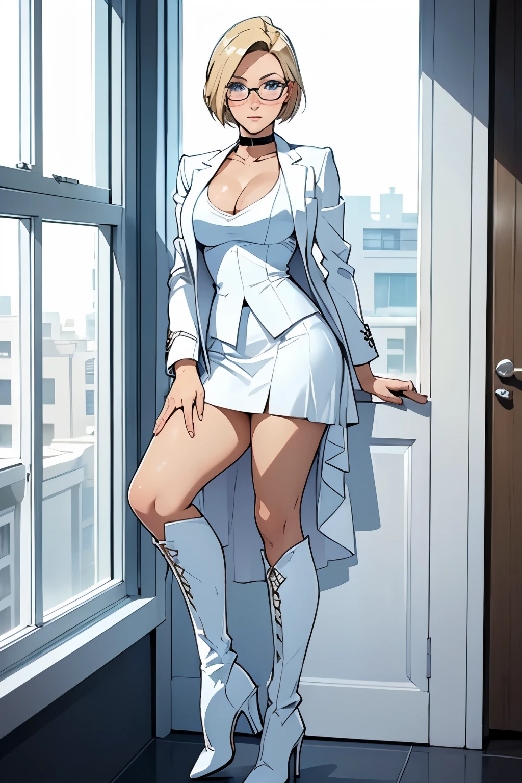 female, short straight blonde hair, blue eyes, white suit jacket, white skirt, long white high heel boots, black choker, no t shirt, medium boobs, glasses, blushing, in front of a window