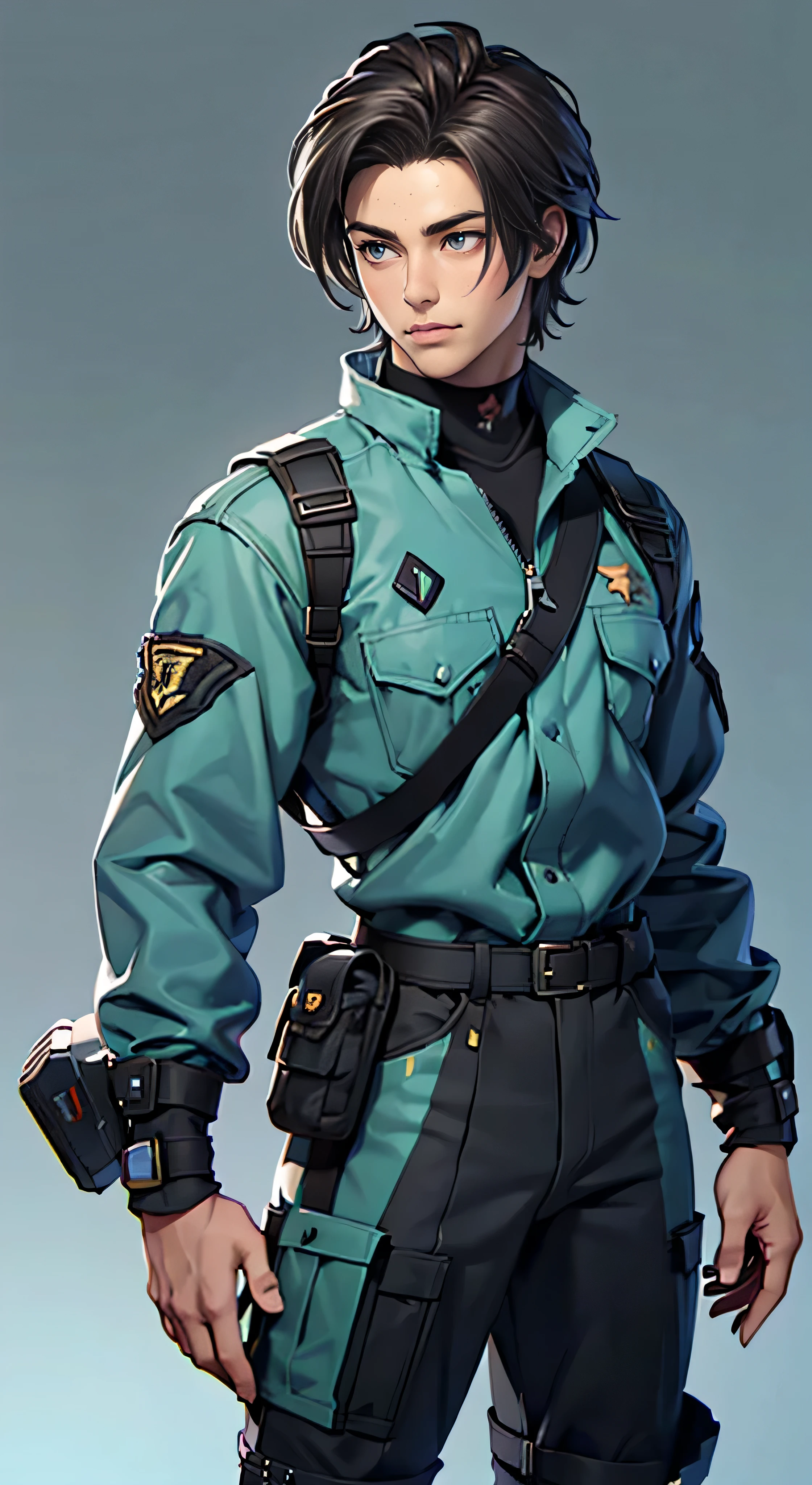 11:23(((Best quality: 1.4))),(Unbeatable masterpiece), (hyper HD),(Hyper-realistic 8k CG)、(of clothes'University teacher'don't show your waist)(dark colored hair) ((( body))),, 25-year-old American soldier with perfect body,,Beautiful and well groomed face,muscular body:1.2,detailed solid color jacket, (Pictures from head to thighs), Complex equipment, Dark Green,long trousers,Close-fitting clothes are dark,With white stars and off-white stripes,,,,,Metal electronic parts for armor, Poison tattoos )
