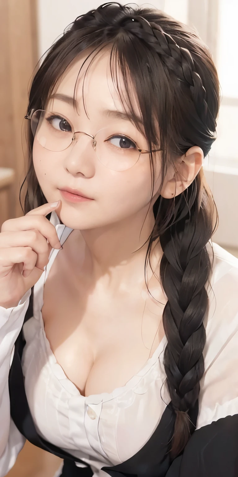 araffe asian woman with long hair in a blue dress, Pigtails hairstyle, two pigtails hairstyle, wavy long black hair and glasses, Urzan, Korean Girl, with glasses, pigtails hair, sakimichan, wearing thin large round glasses, short pigtails hair, twintails hairstyle, long pigtail, beautiful japanese girls face, cute kawaii girl