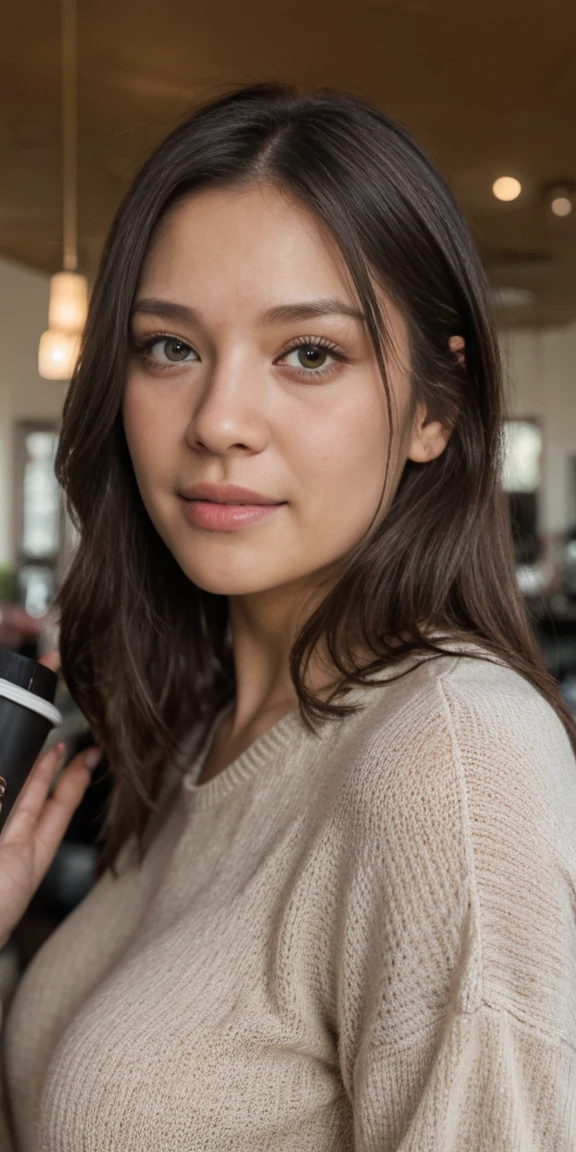 Beautiful brunette with blonde hair wearing a red sweater(in a café drinking soft drinks), Altamente detallado, 22 years old, , Tetas, Cara inocente, cabello ondulado natural, ojos azules, High resolution, Obra maestra, La mejor calidad, Intrincado alto detalle, Altamente detallado, foco nítido, Piel detallada, realistic skin textura, textura, ojos detallados, profesional, 4k, sonrisa encantadora, tomada con Canon, 85mm, poca profundidad de campo, Kodak Vision Color, Cuerpo de ajuste perfecto , extremadamente detallado, Cinematographer_\(ultra\), fotorrealista, realista, Post-procesamiento, Maximum details, aspereza, vida real, ultra realista, Fotorrealismo, Cinematographer, 8k UHD, Cinematographer, ojos claros