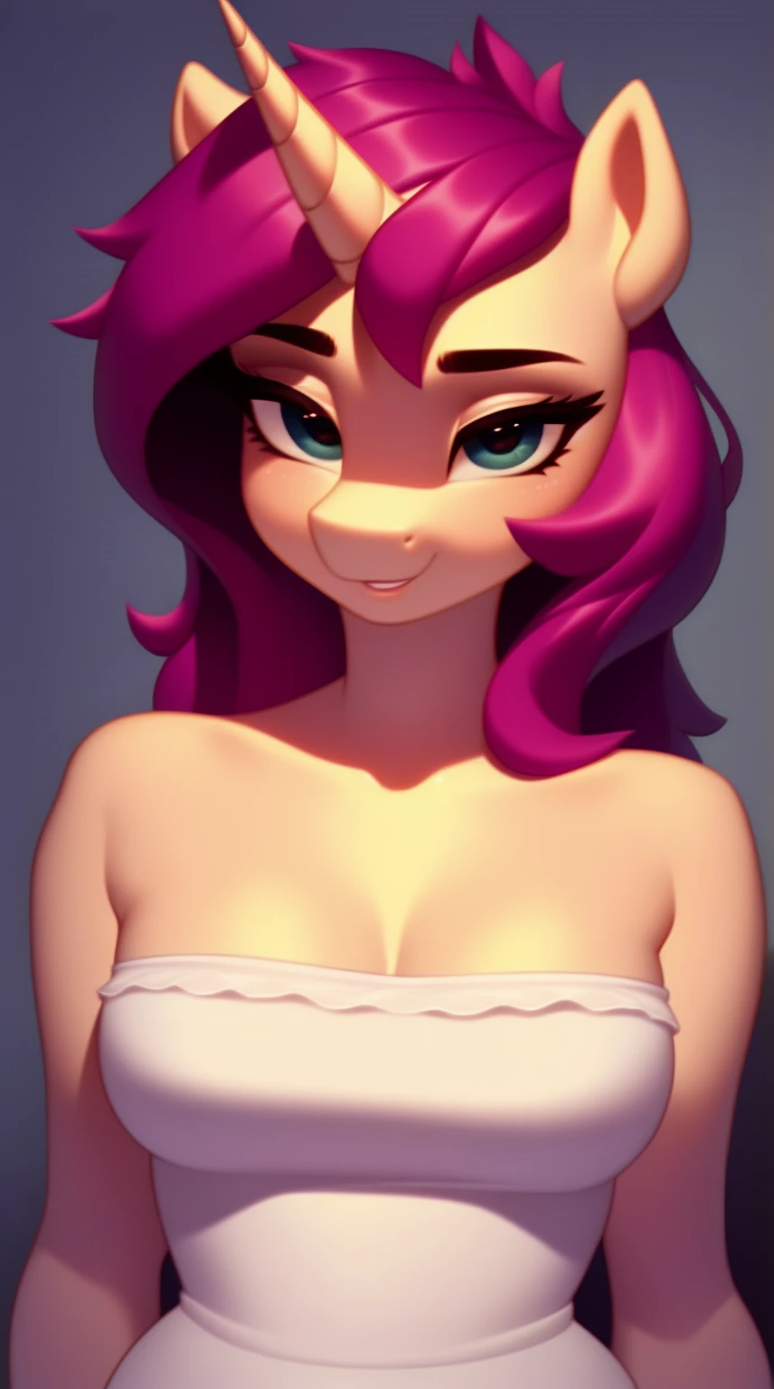 (score_9), (source_derpibooru_p_95), make your mark, my little pony, (solo), ((anthro o.c pony 1.1)), (strapless white tube dress), sexy, blushing, seductive look, messy hair, lidded eyes, sultry pose, bedroom eyes, anatomically correct, night garden, small breasts, solo, hourglass figure, curvy, plump body, young, short, chubby, cute, high res, upper body portrait,